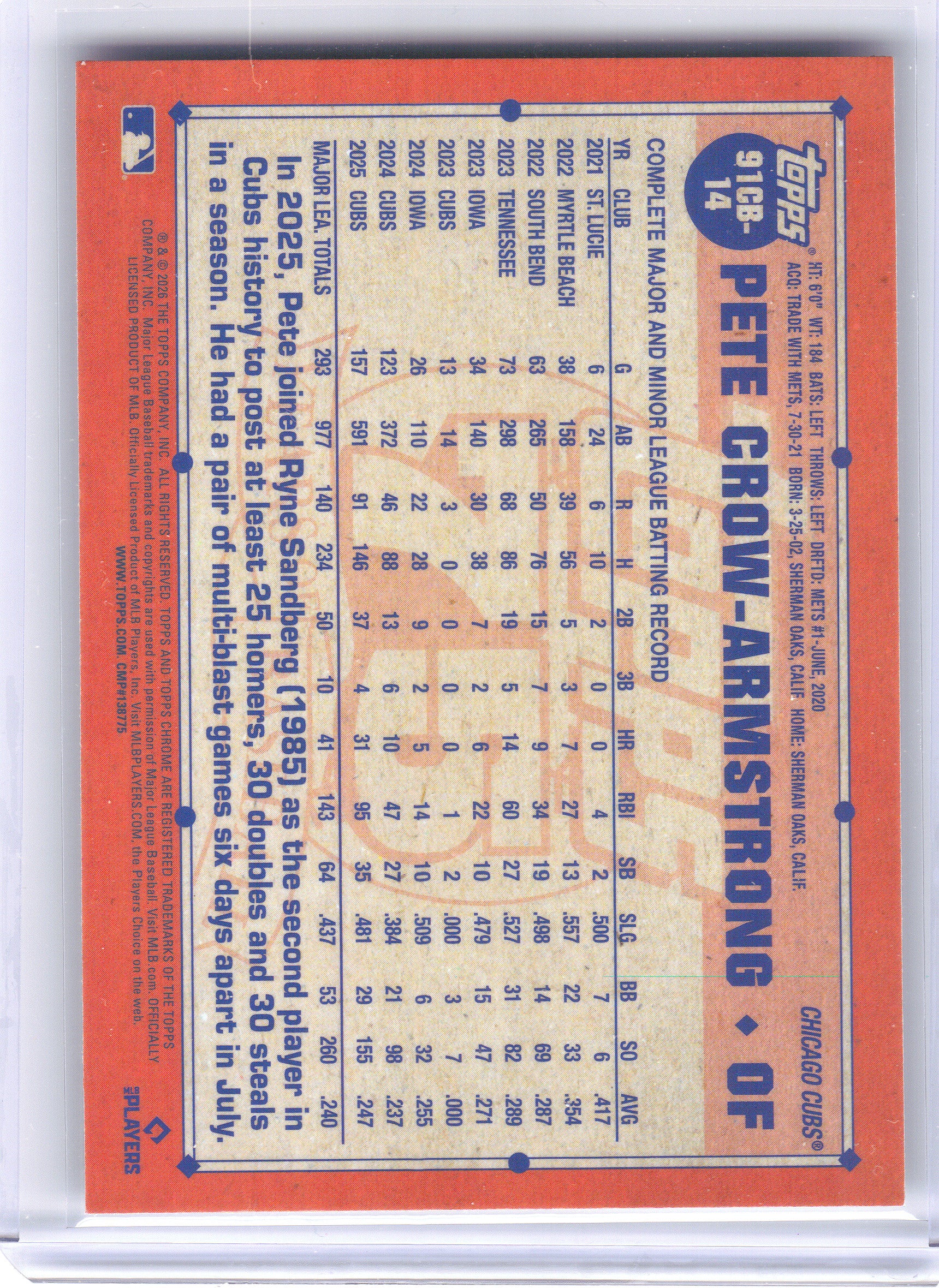 2026 Topps Chrome #91CB-14 Pete Crow-Armstrong 1991 Topps Baseball 35th Anniversary Chicago Cubs