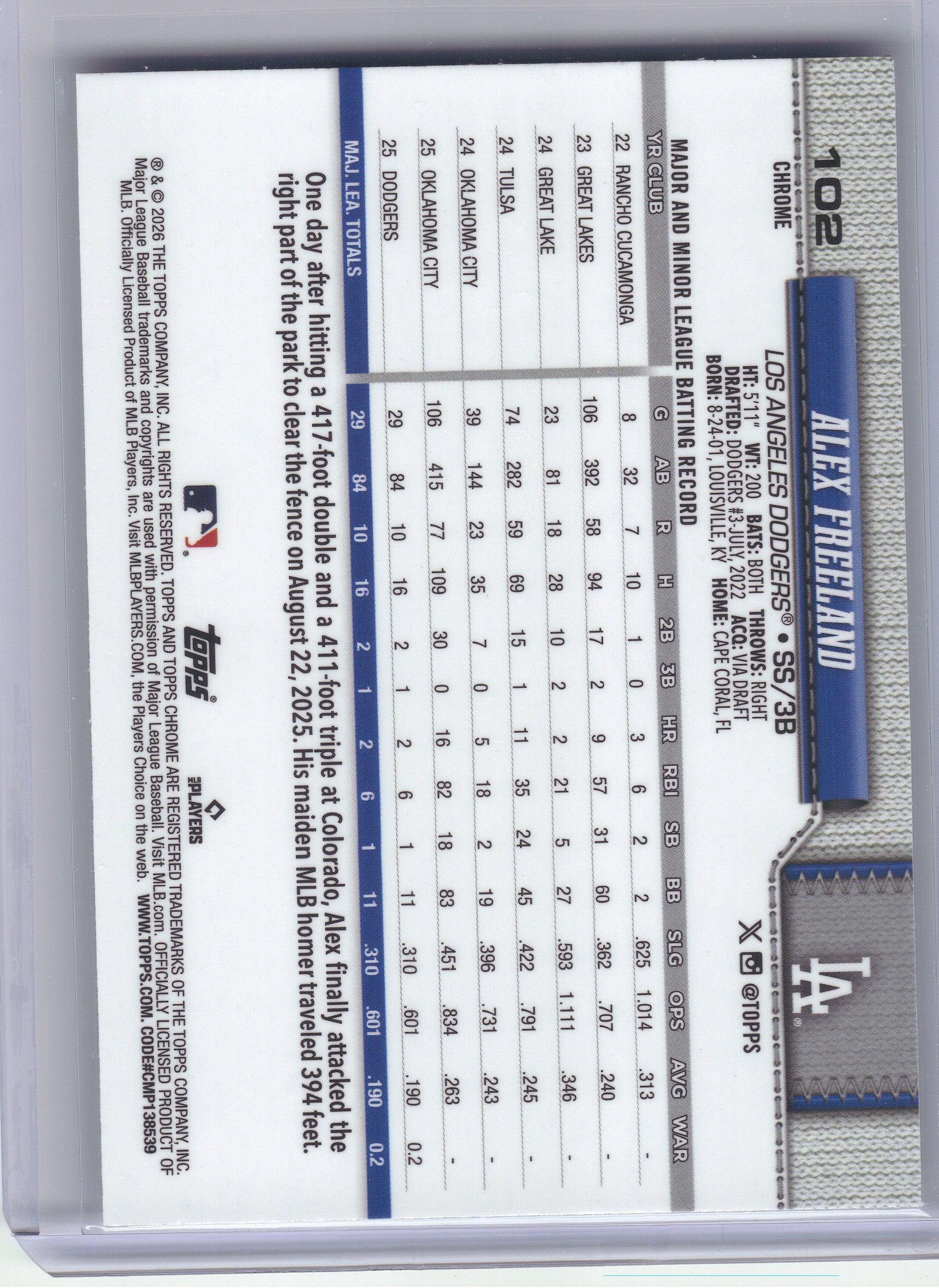 2026 Topps Chrome #102 Alex Freeland Los Angeles Dodgers RC