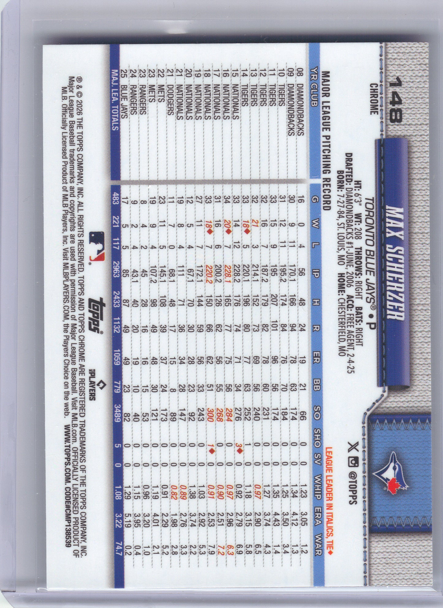 2026 Topps Chrome #148 Max Scherzer X-Fractors Toronto Blue Jays