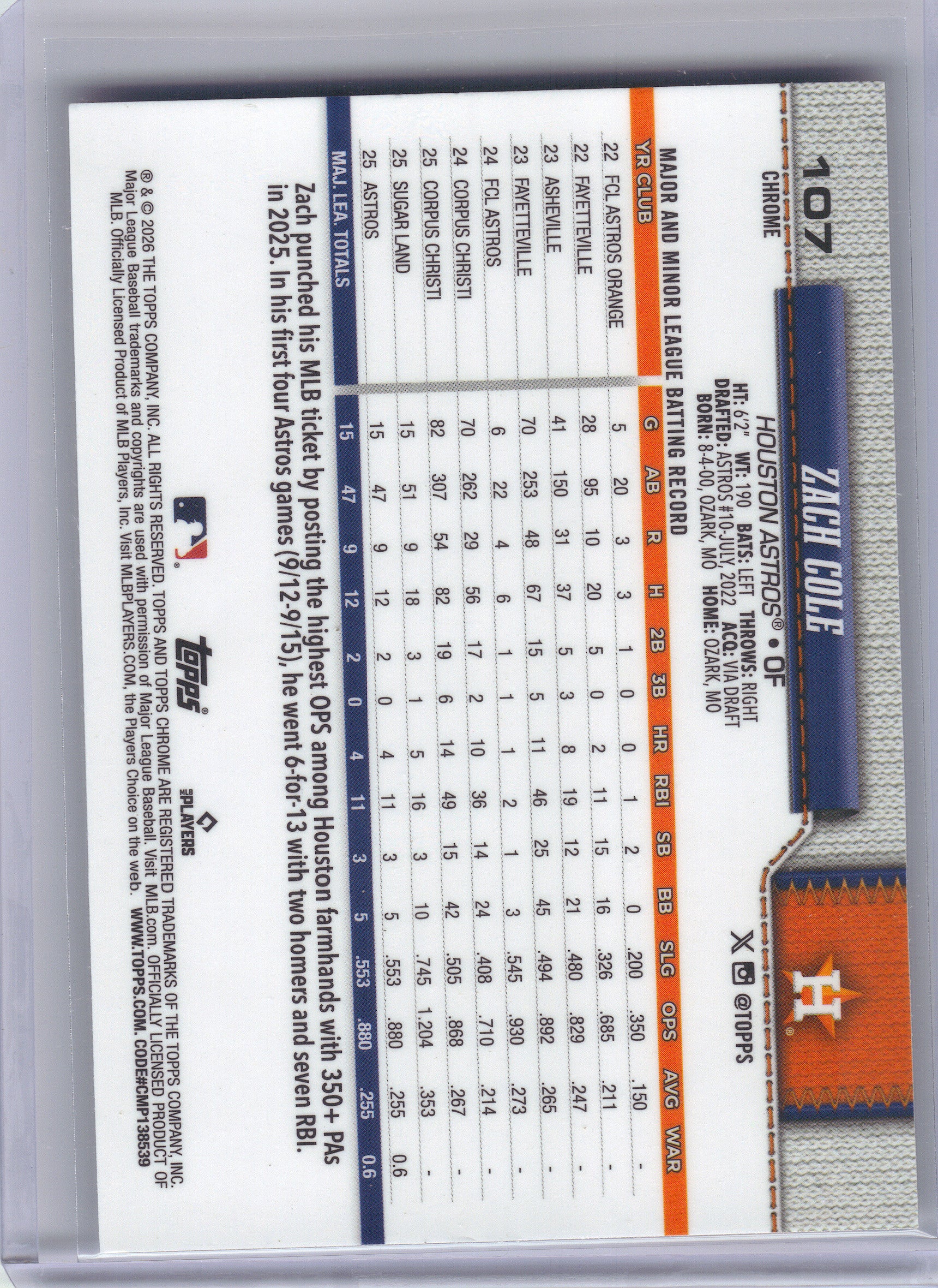 2026 Topps Chrome #107 Zach Cole X-Fractors Houston Astros RC