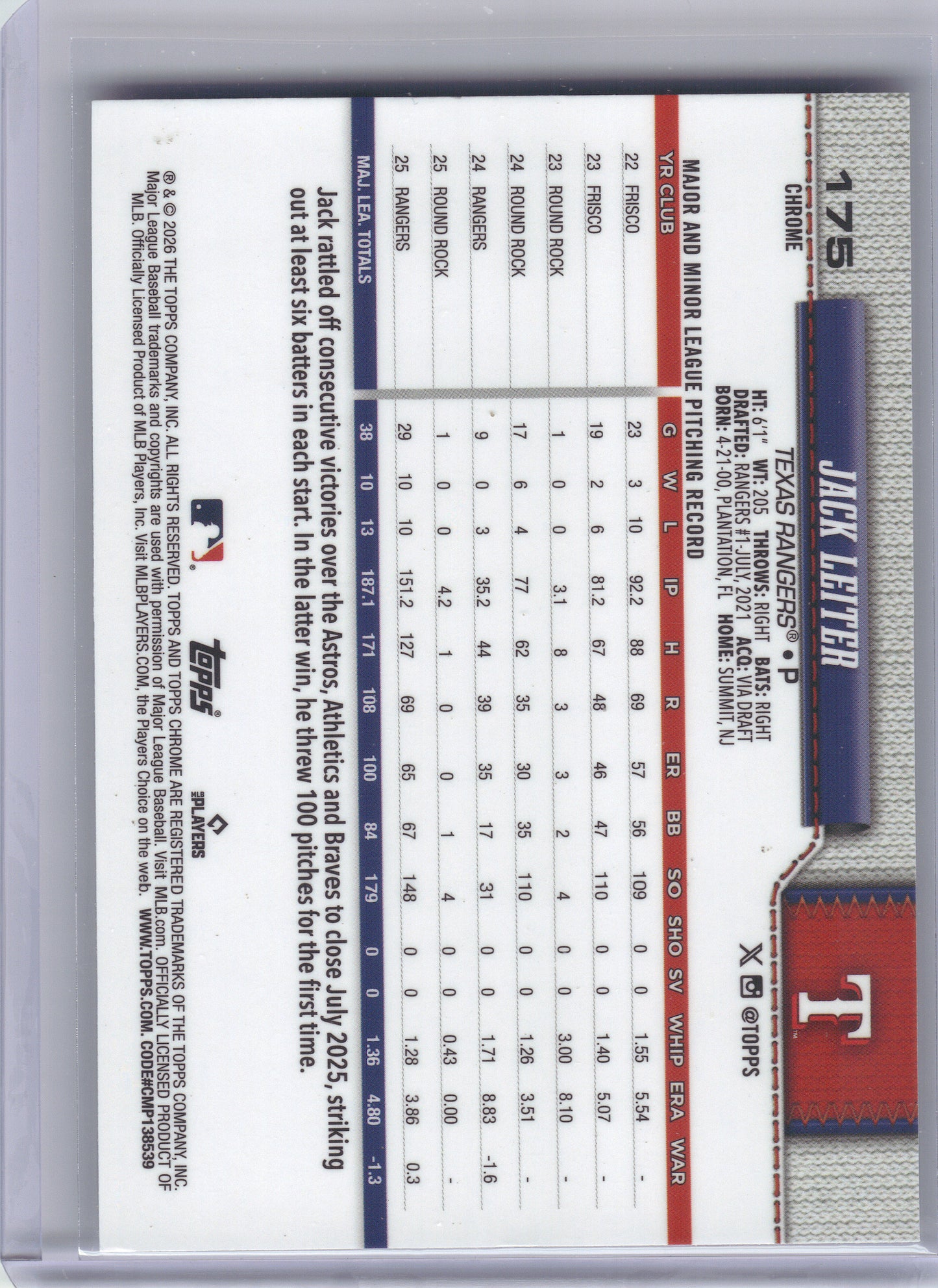2026 Topps Chrome #175 Jack Leiter X-Fractors Texas Rangers