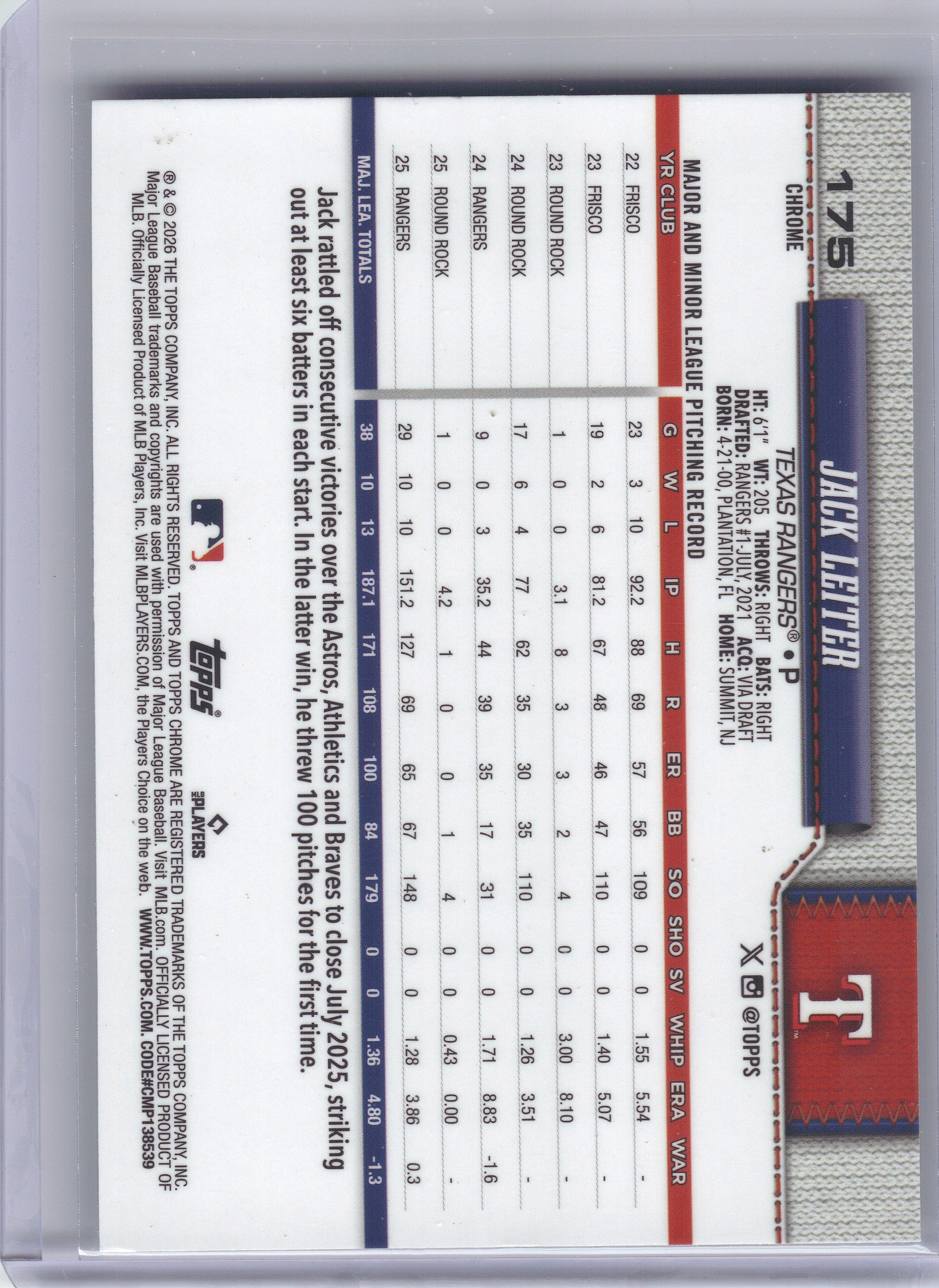 2026 Topps Chrome #175 Jack Leiter X-Fractors Texas Rangers