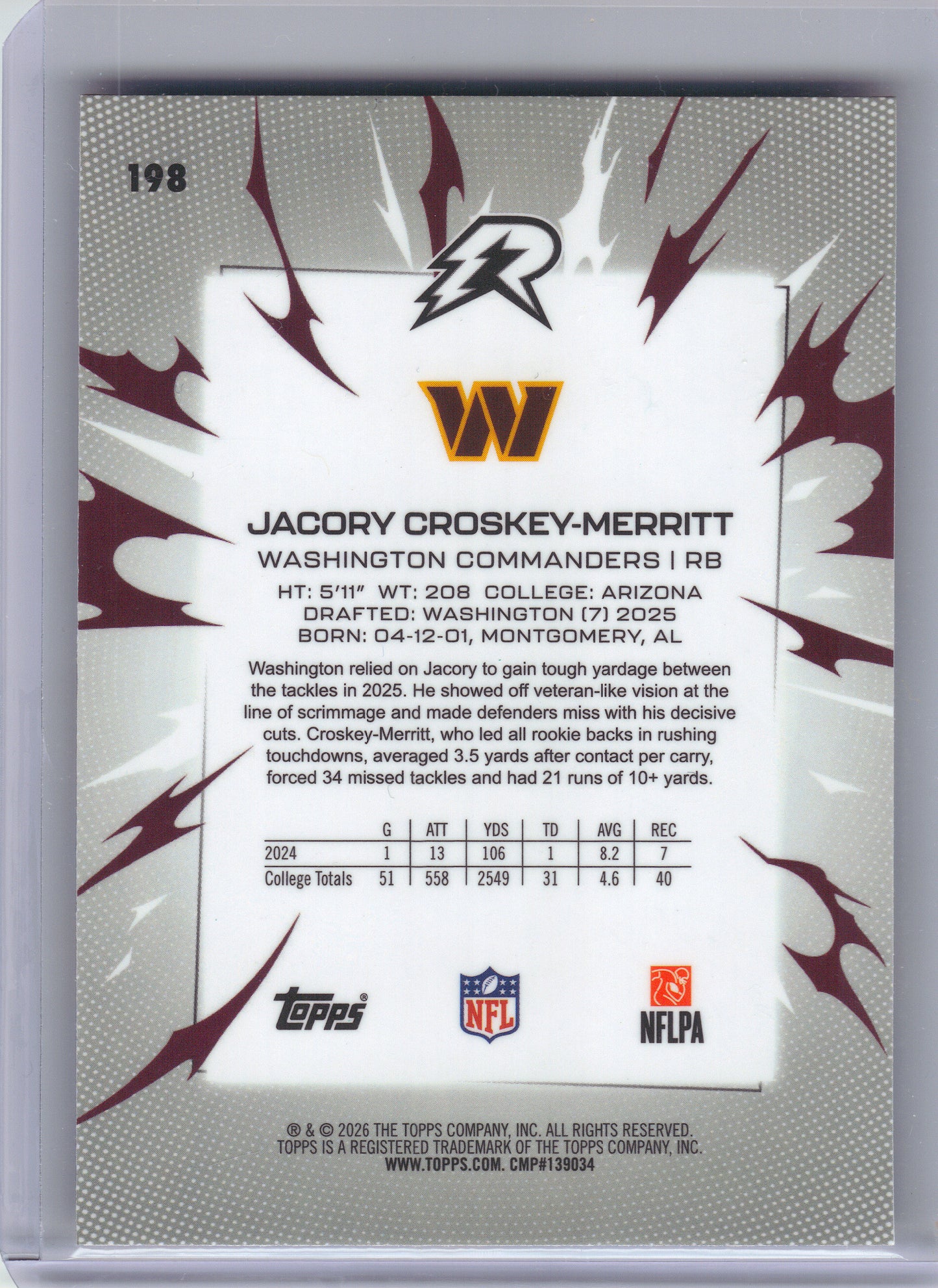2025 Topps Resurgence #198 Jacory Croskey-Merritt Blue & Orange Spark Refractor Washington Commanders