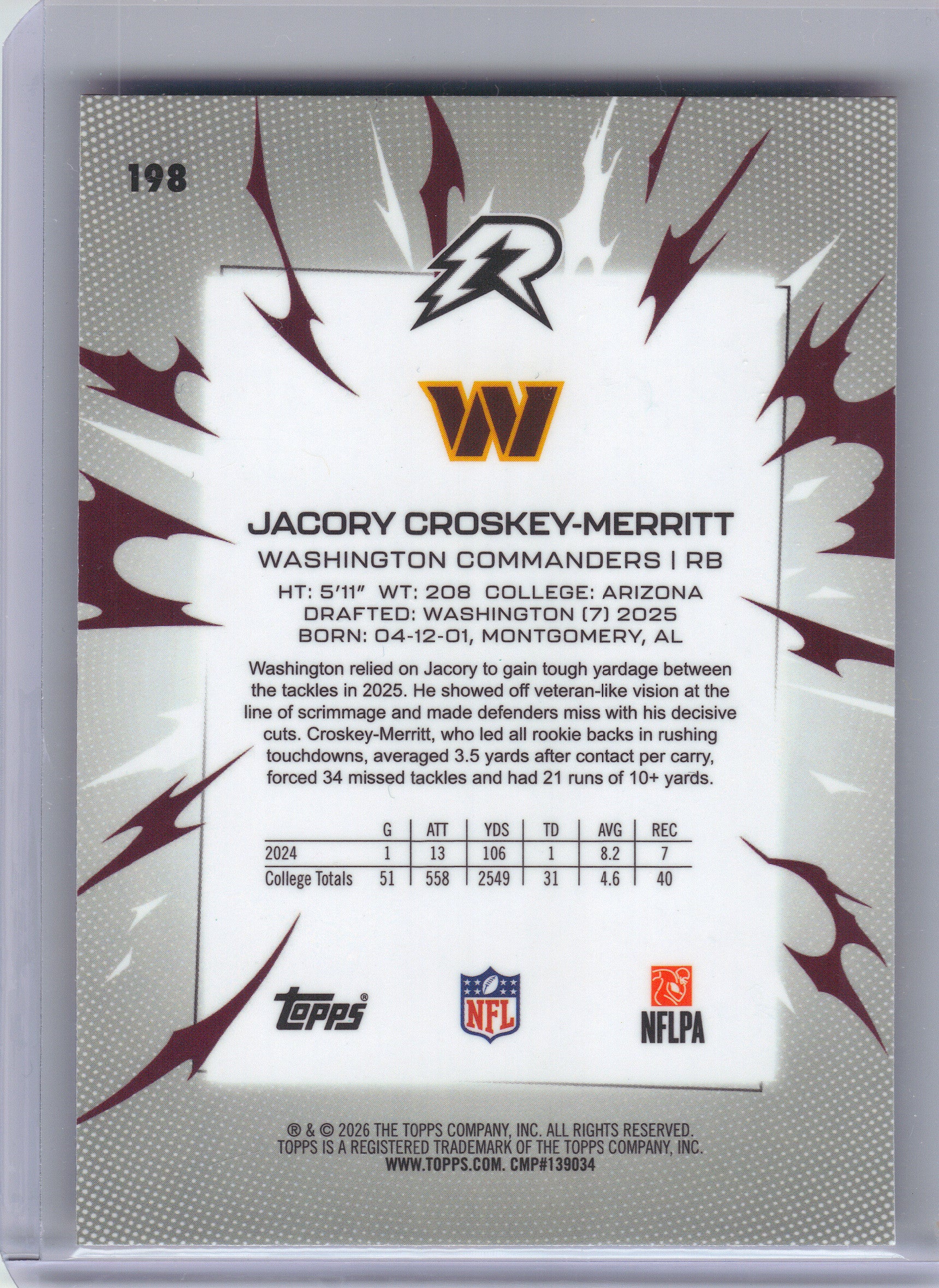 2025 Topps Resurgence #198 Jacory Croskey-Merritt Blue & Orange Spark Refractor Washington Commanders