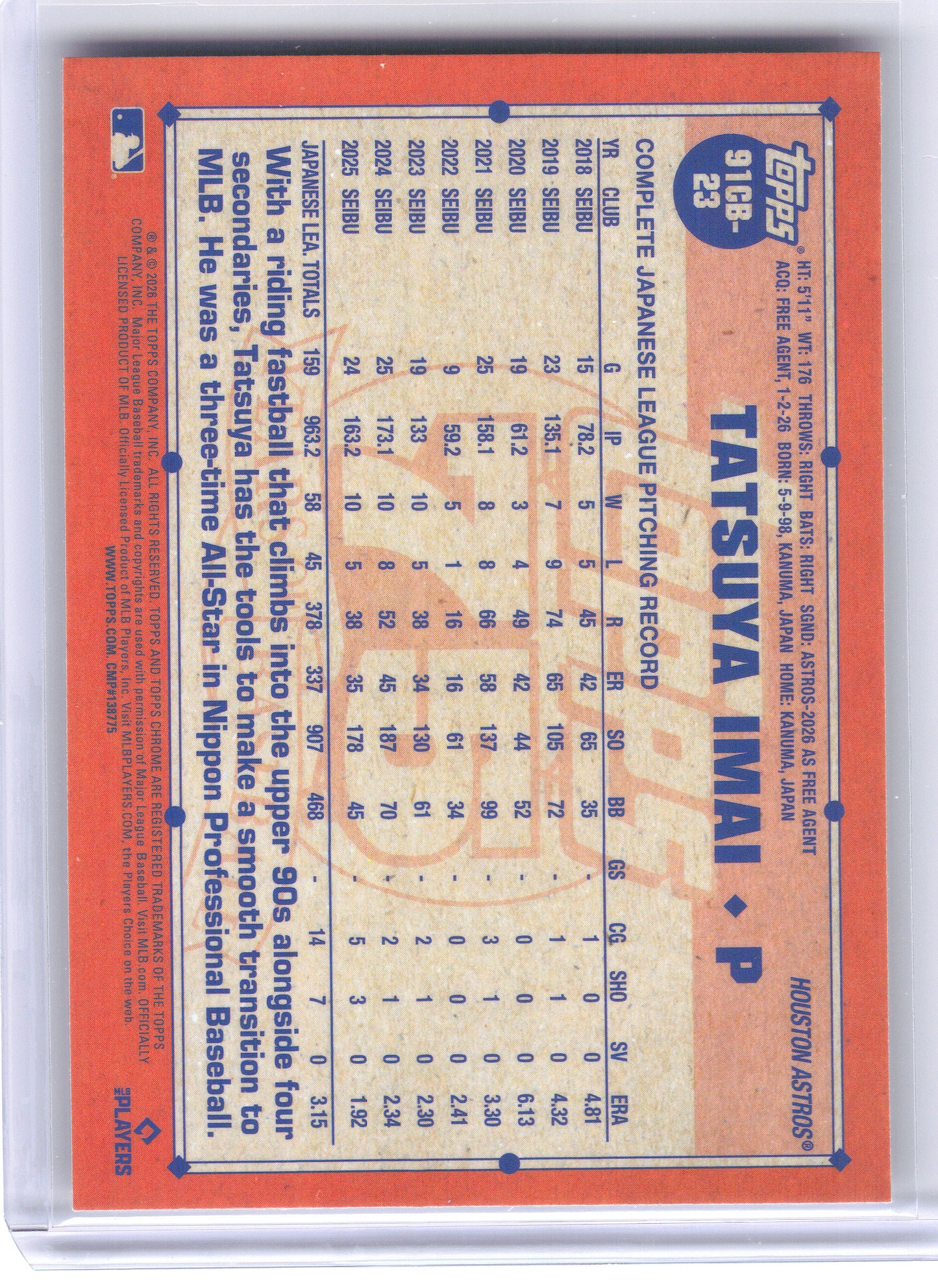 2026 Topps Chrome #91CB-23 Tatsuya Imai 1991 Topps Baseball 35th Anniversary Houston Astros