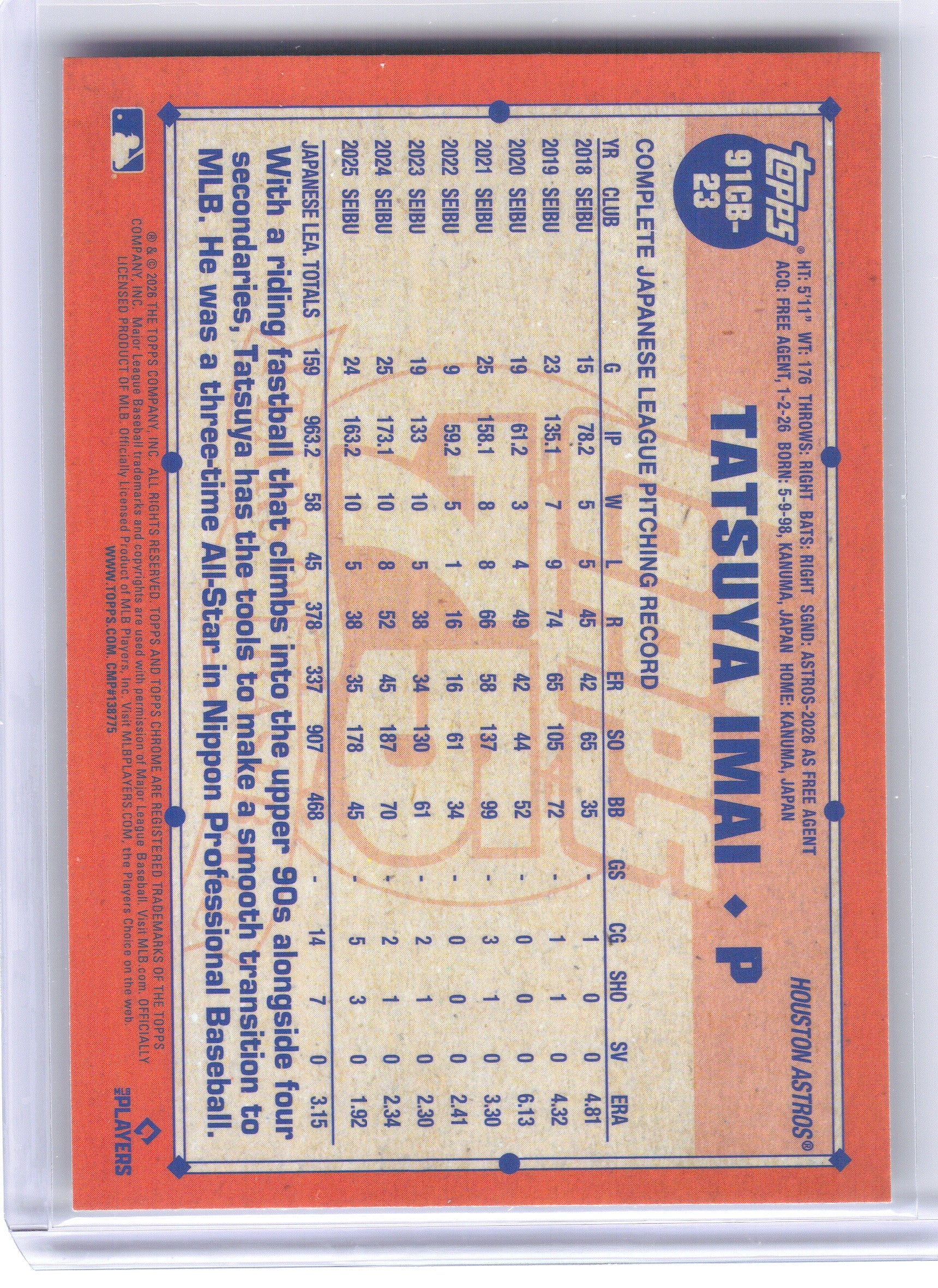 2026 Topps Chrome #91CB-23 Tatsuya Imai 1991 Topps Baseball 35th Anniversary Houston Astros