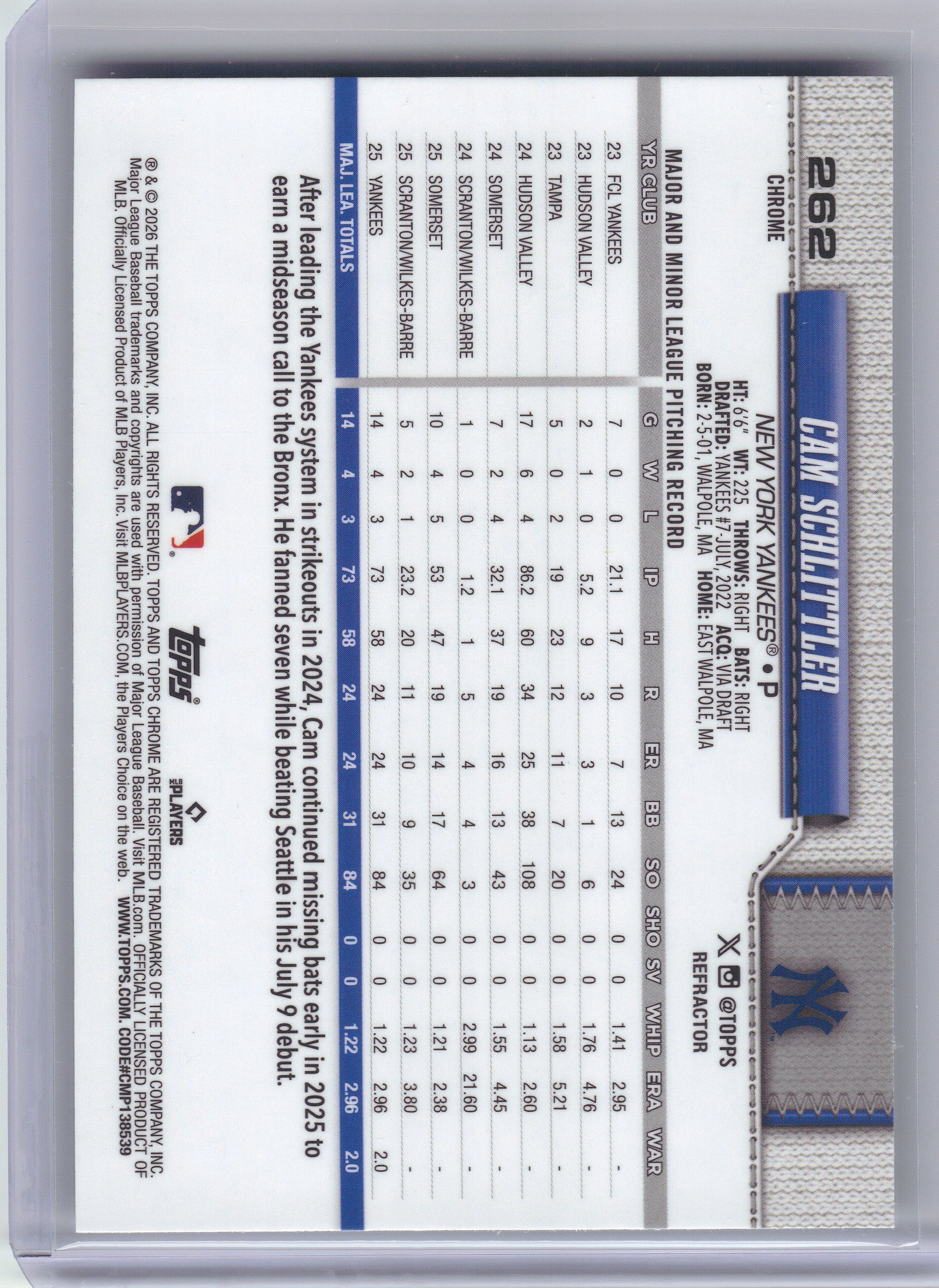2026 Topps Chrome #262 Cam Schlittler Refractors New York Yankees RC