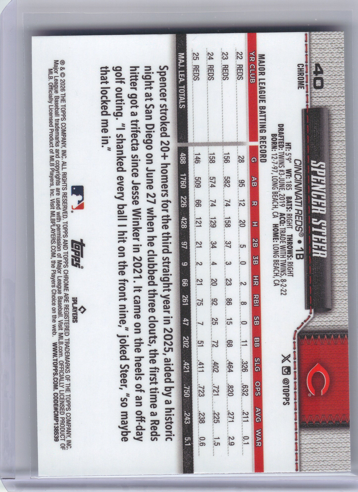 2026 Topps Chrome #40 Spencer Steer X-Fractors Cincinnati Reds