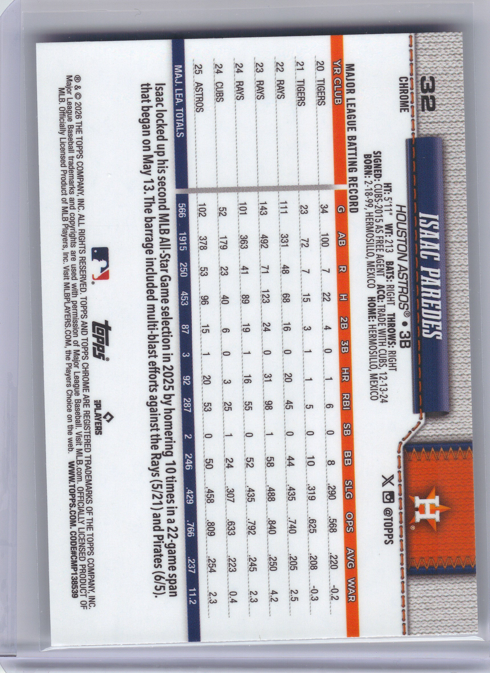 2026 Topps Chrome #32 Isaac Paredes X-Fractors Houston Astros