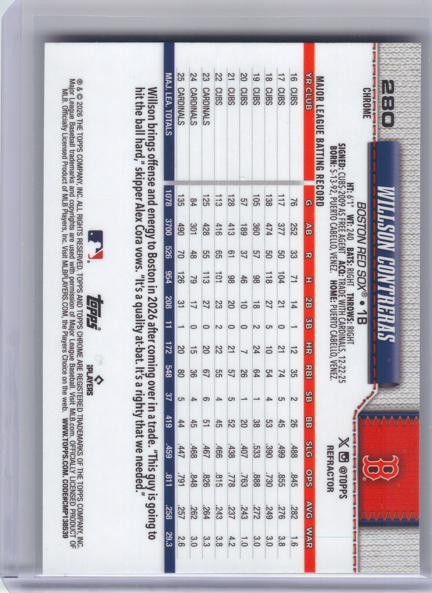 2026 Topps Chrome #280 Willson Contreras Refractors Boston Red Sox