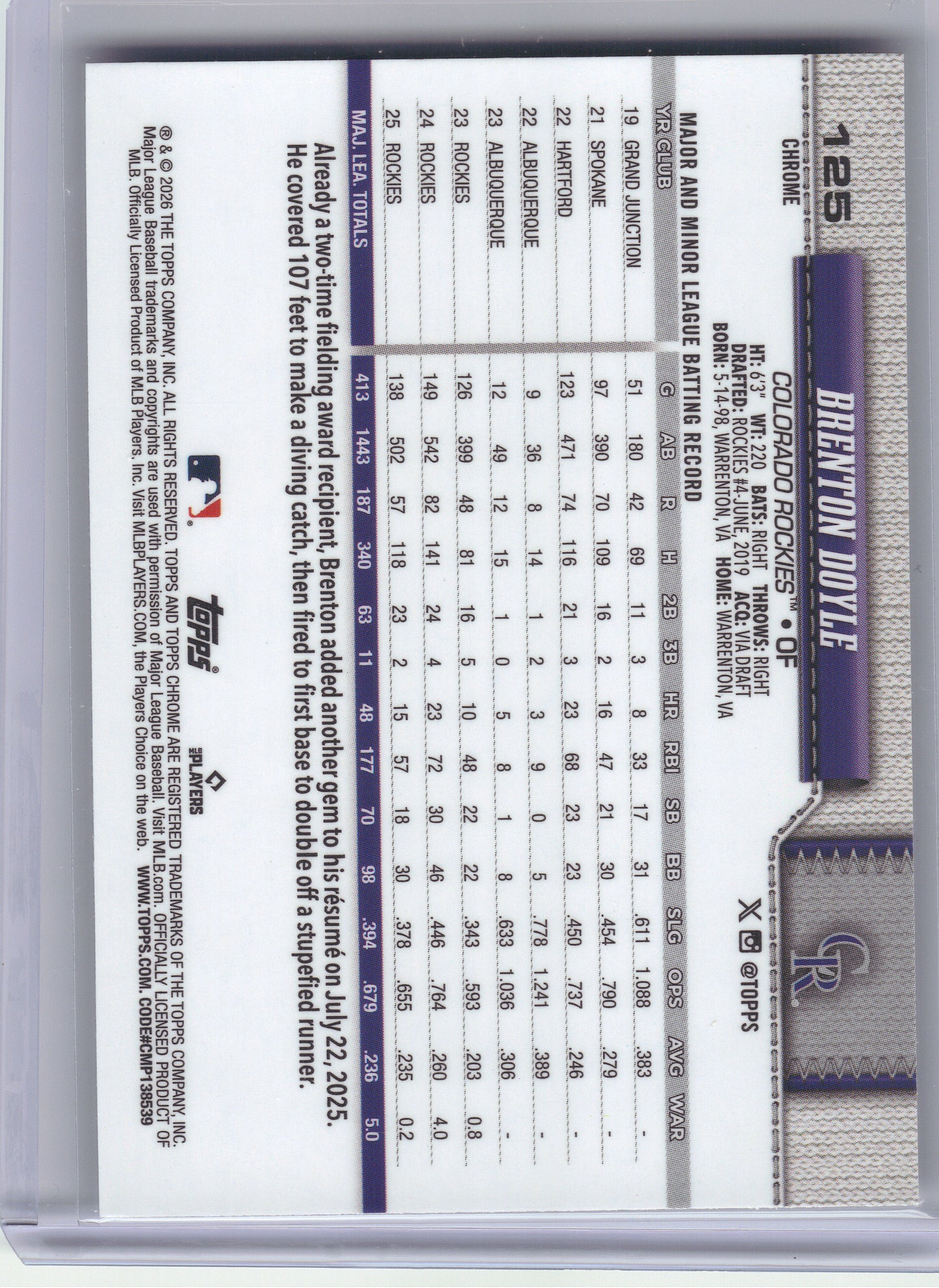 2026 Topps Chrome #125 Brenton Doyle X-Fractors Colorado Rockies