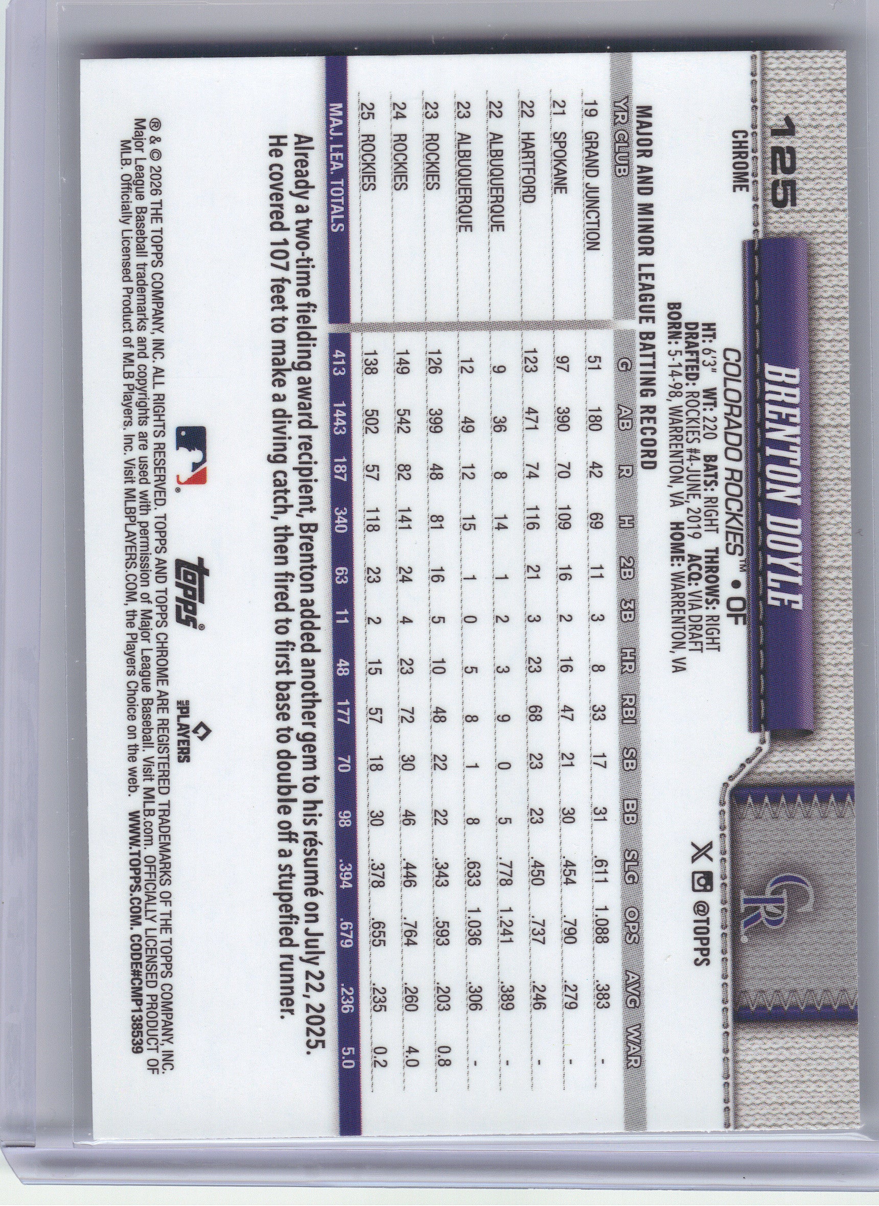2026 Topps Chrome #125 Brenton Doyle X-Fractors Colorado Rockies
