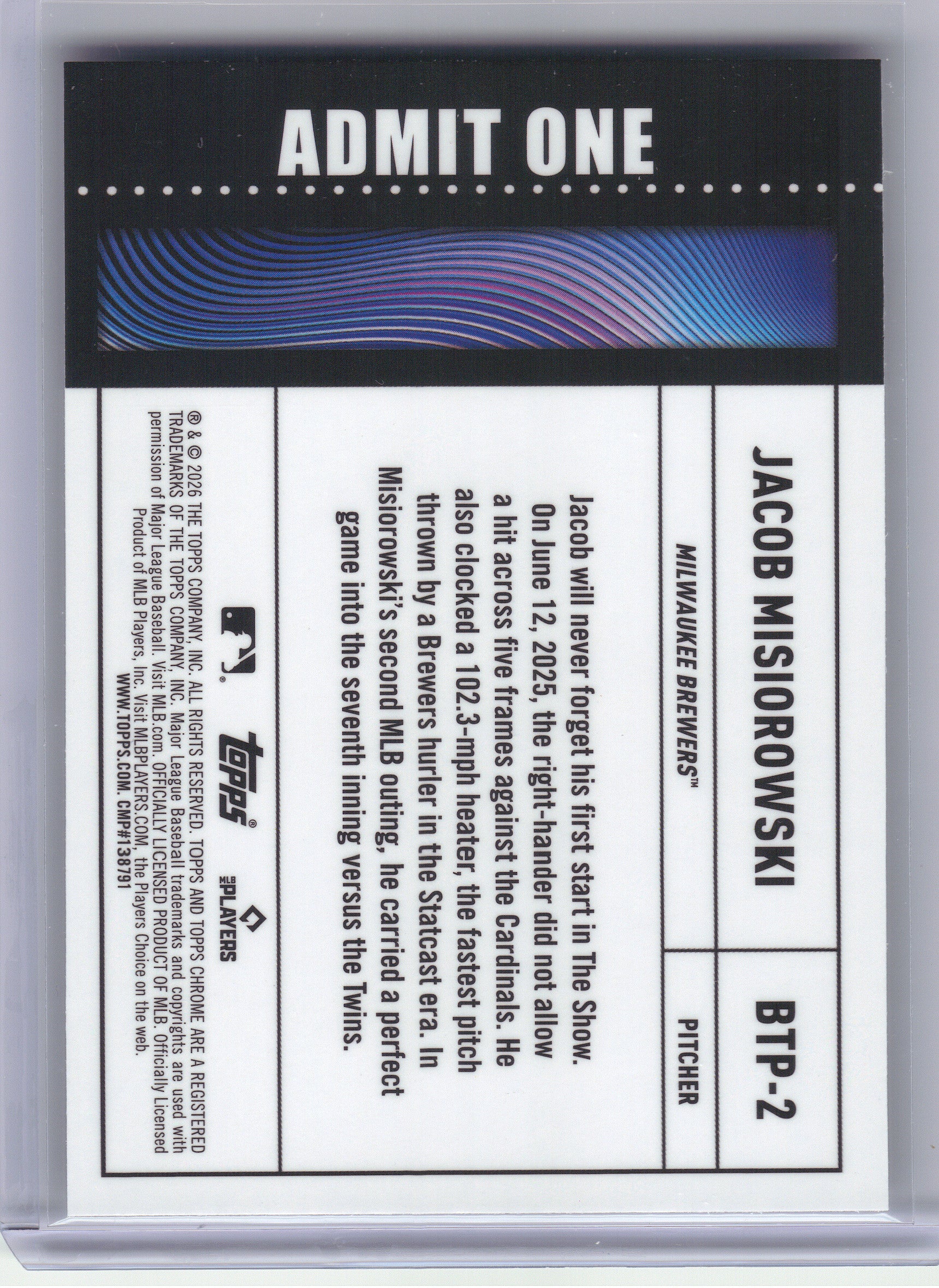 2026 Topps Chrome #BTP-2 Jacob Misiorowski Big Ticket Players Milwaukee Brewers