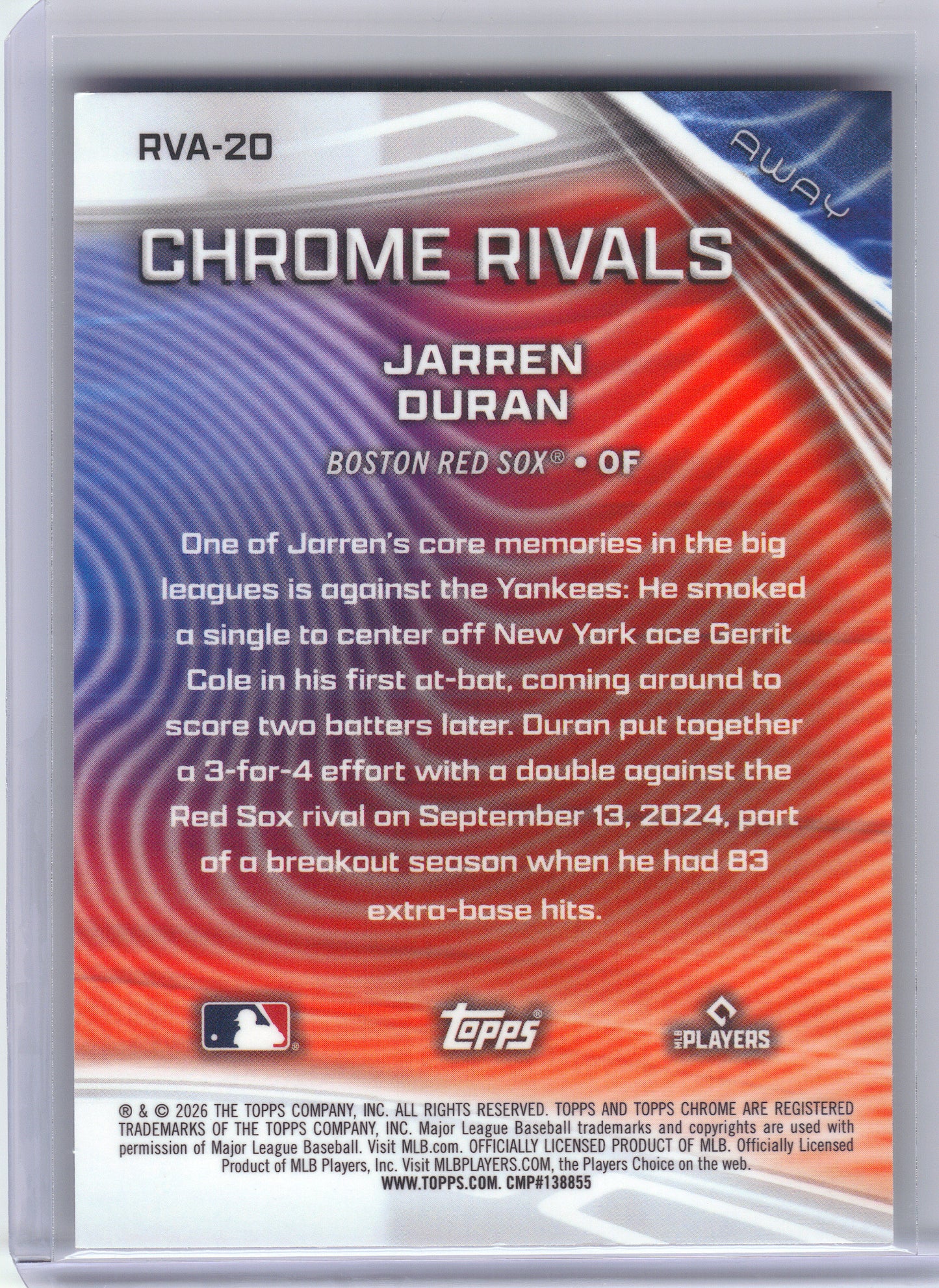 2026 Topps Chrome #RVA-20 Jarren Duran Chrome Rivals Away Boston Red Sox