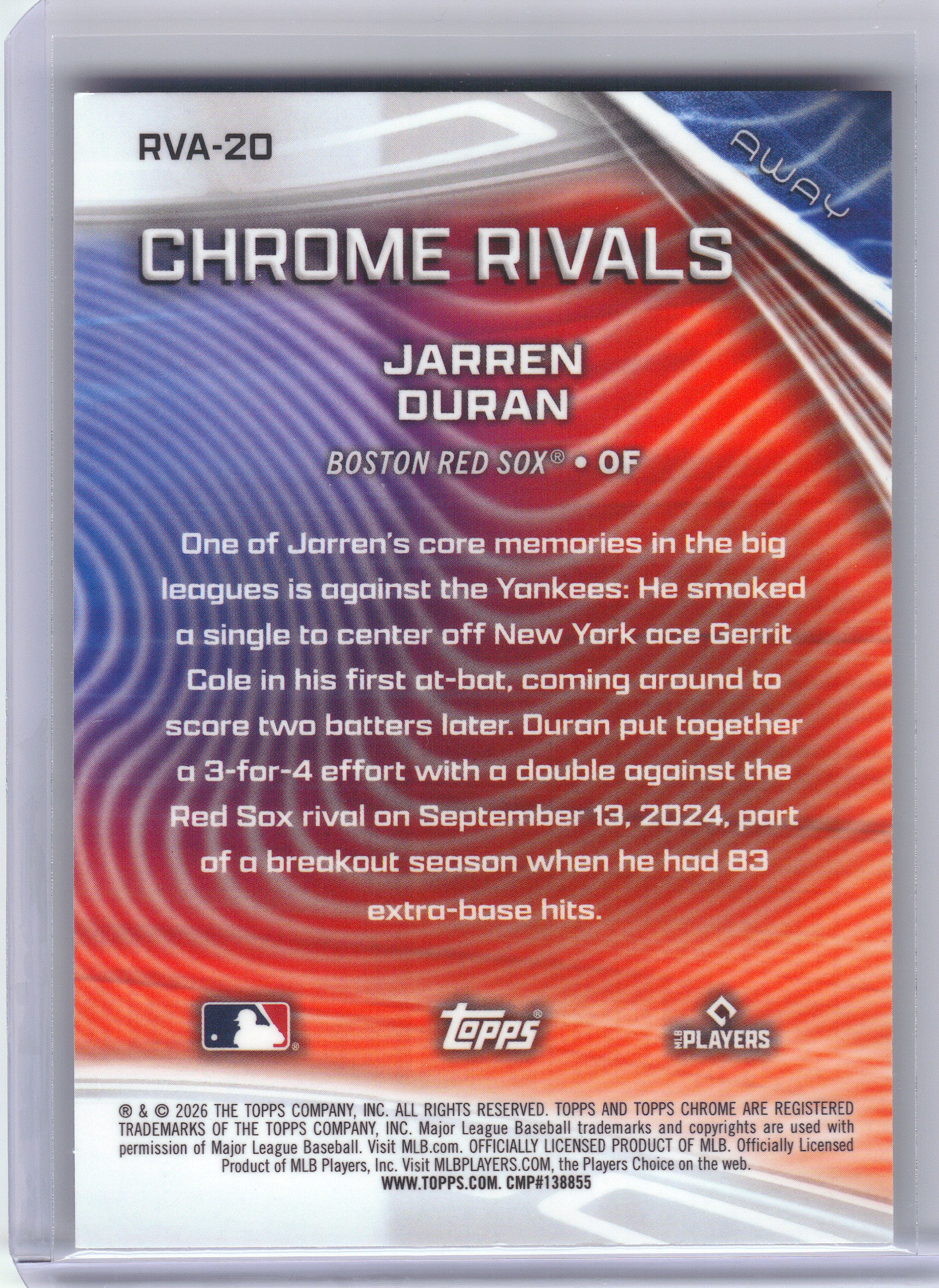 2026 Topps Chrome #RVA-20 Jarren Duran Chrome Rivals Away Boston Red Sox