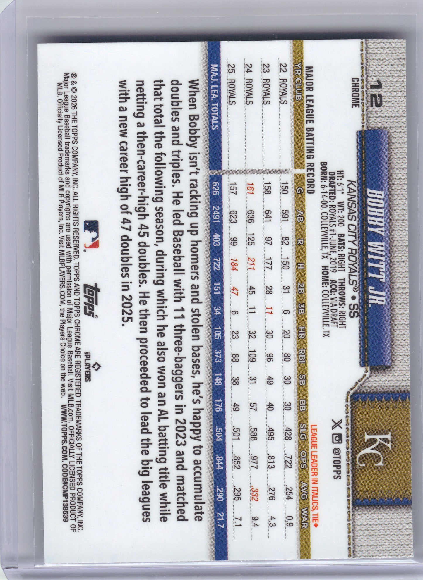 2026 Topps Chrome #12 Bobby Witt Jr. X-Fractors Kansas City Royals