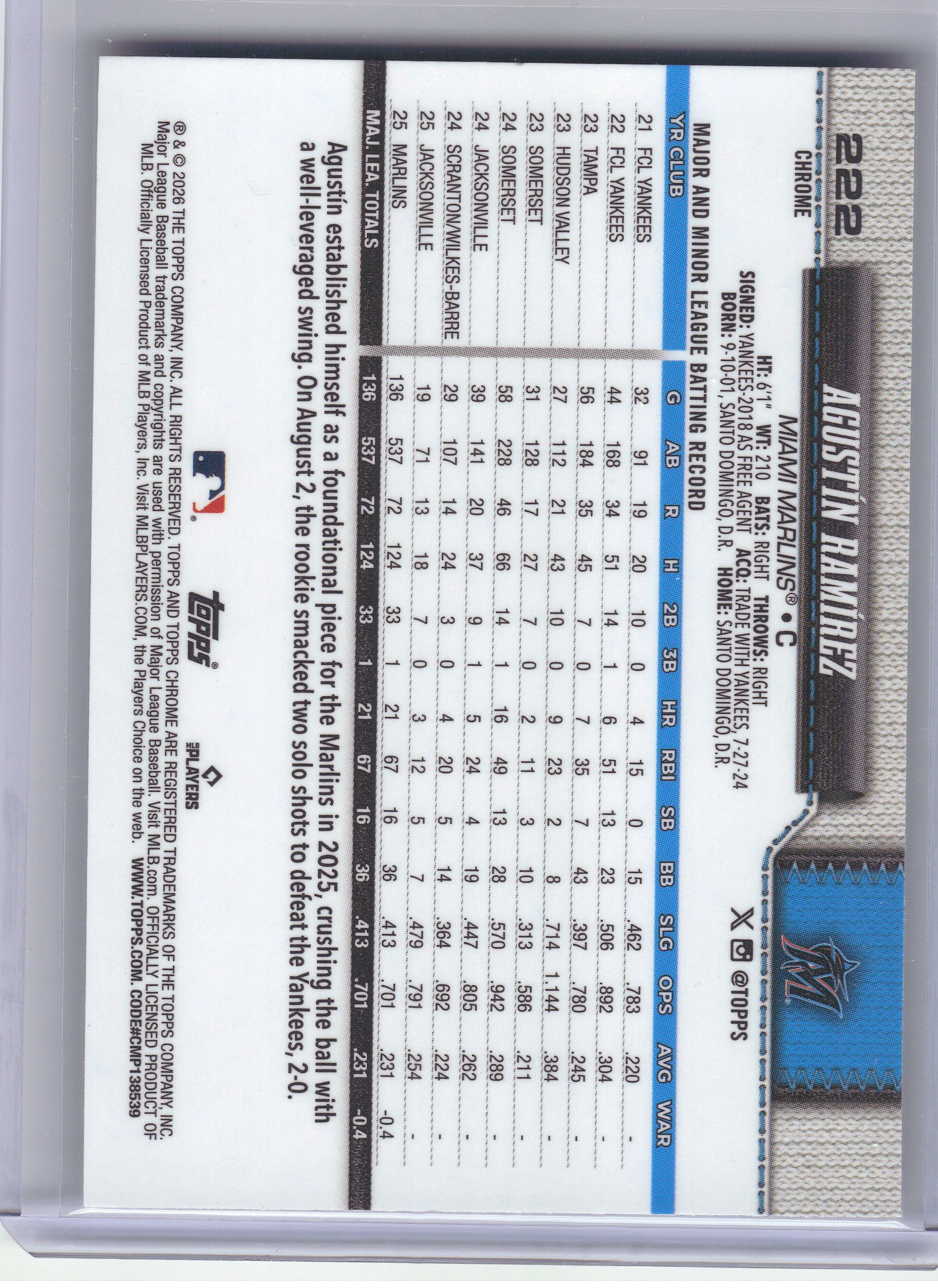 2026 Topps Chrome #222 Agustín Ramírez X-Fractors Miami Marlins