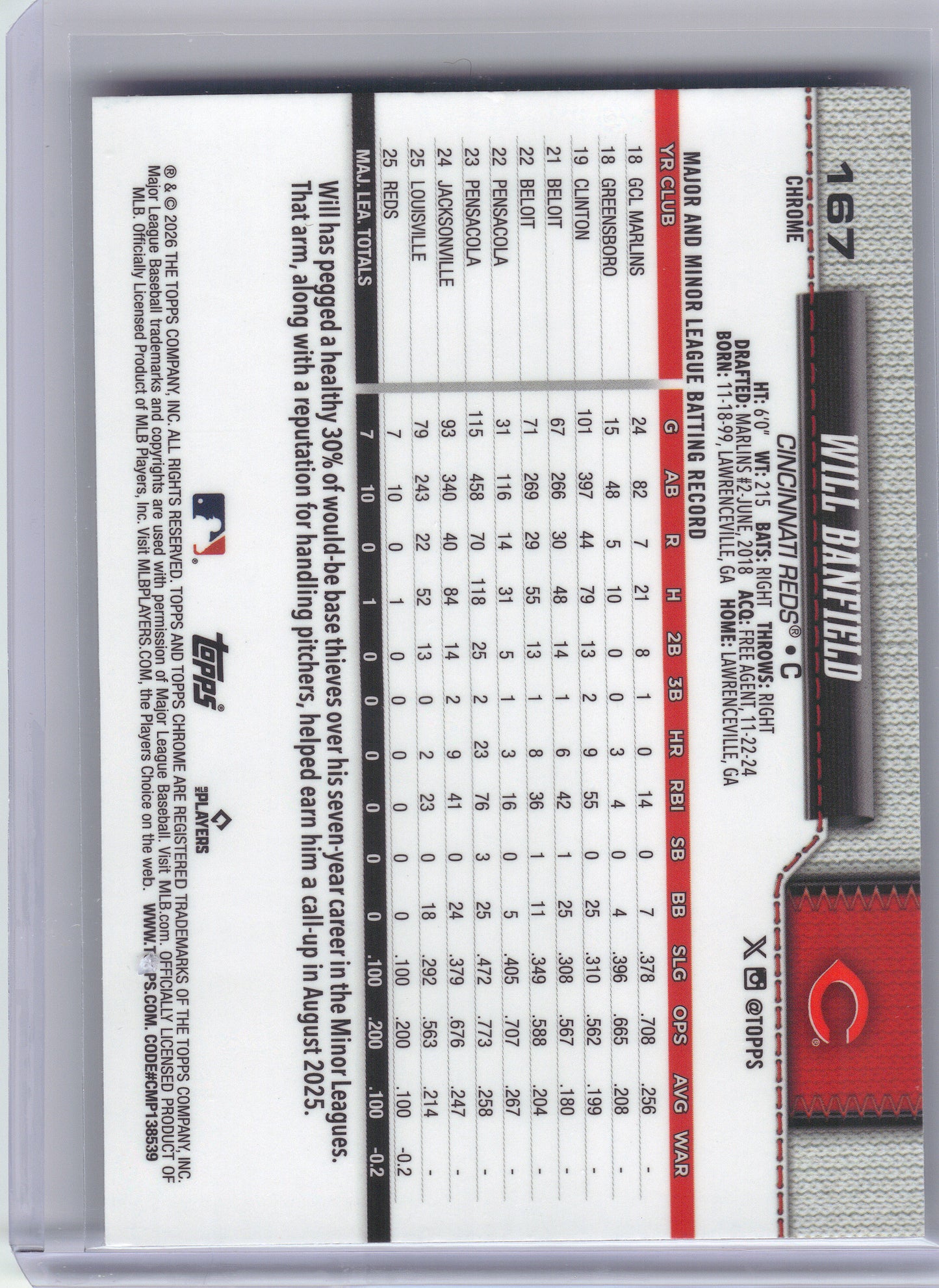 2026 Topps Chrome #167 Will Banfield X-Fractors Cincinnati Reds RC