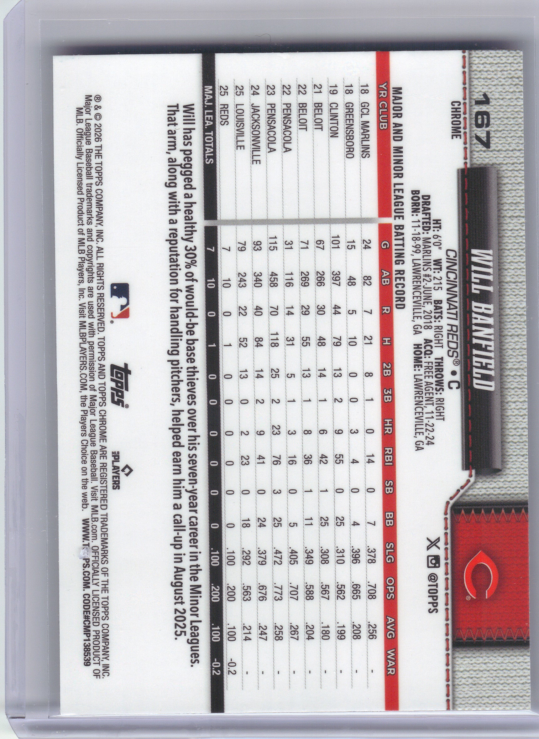 2026 Topps Chrome #167 Will Banfield X-Fractors Cincinnati Reds RC