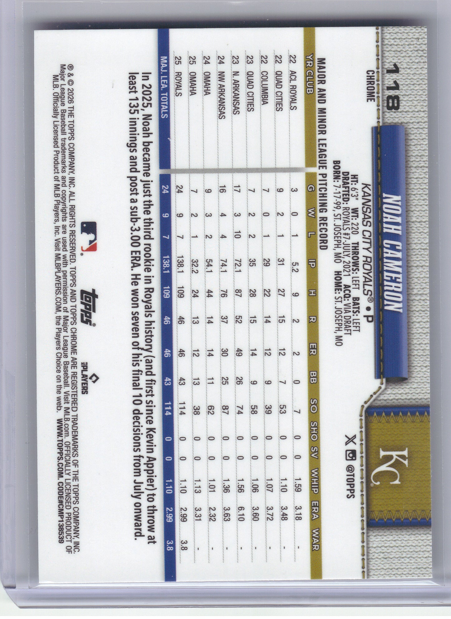 2026 Topps Chrome #118 Noah Cameron X-Fractors Kansas City Royals