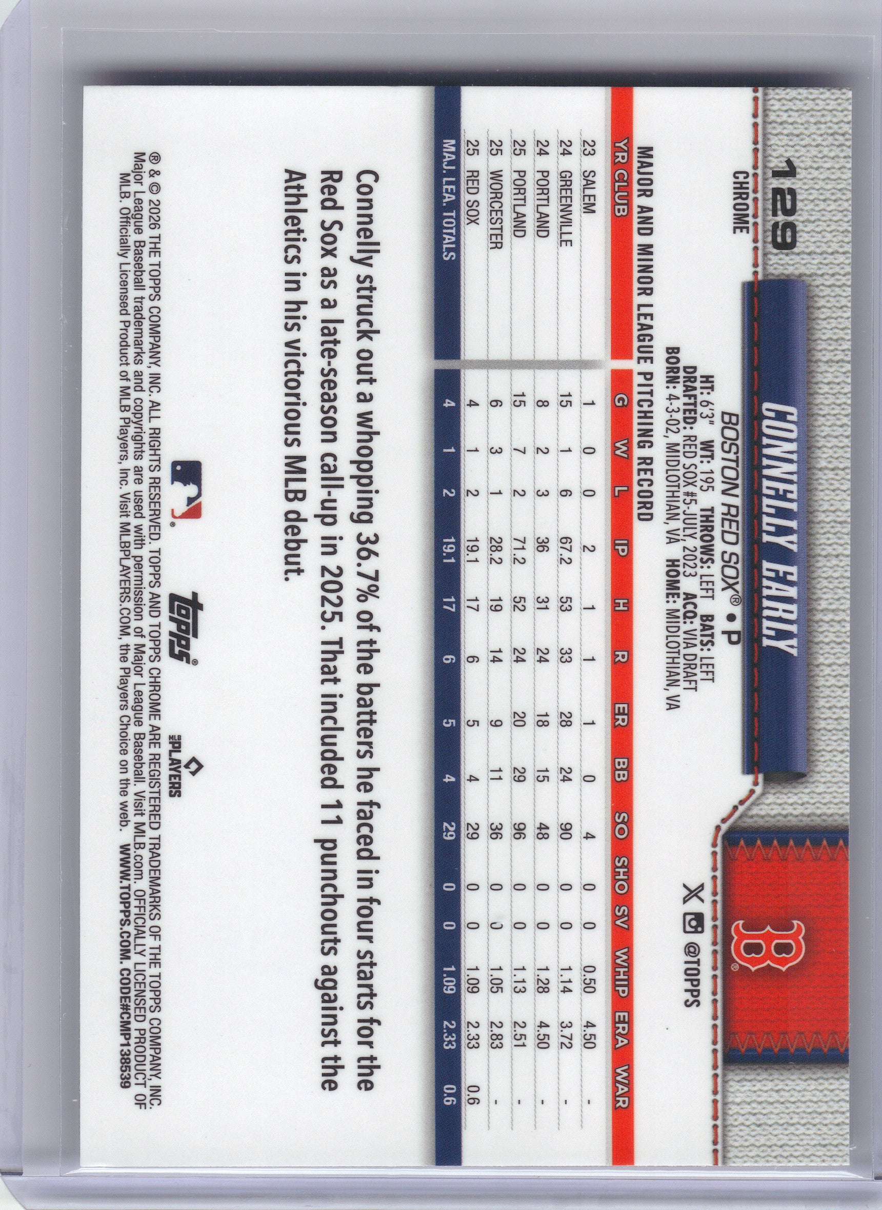 2026 Topps Chrome #129 Connelly Early X-Fractors Boston Red Sox RC