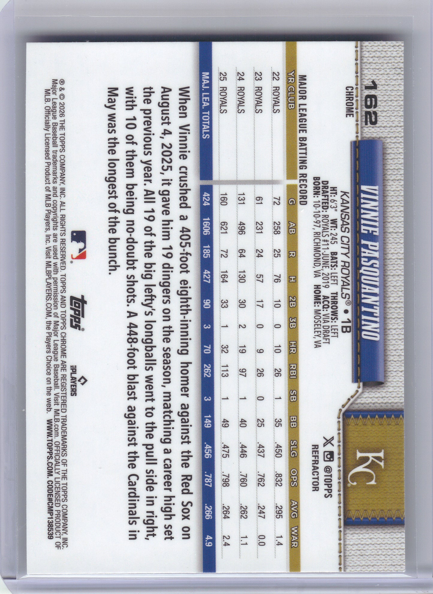 2026 Topps Chrome #162 Vinnie Pasquantino Refractors Kansas City Royals