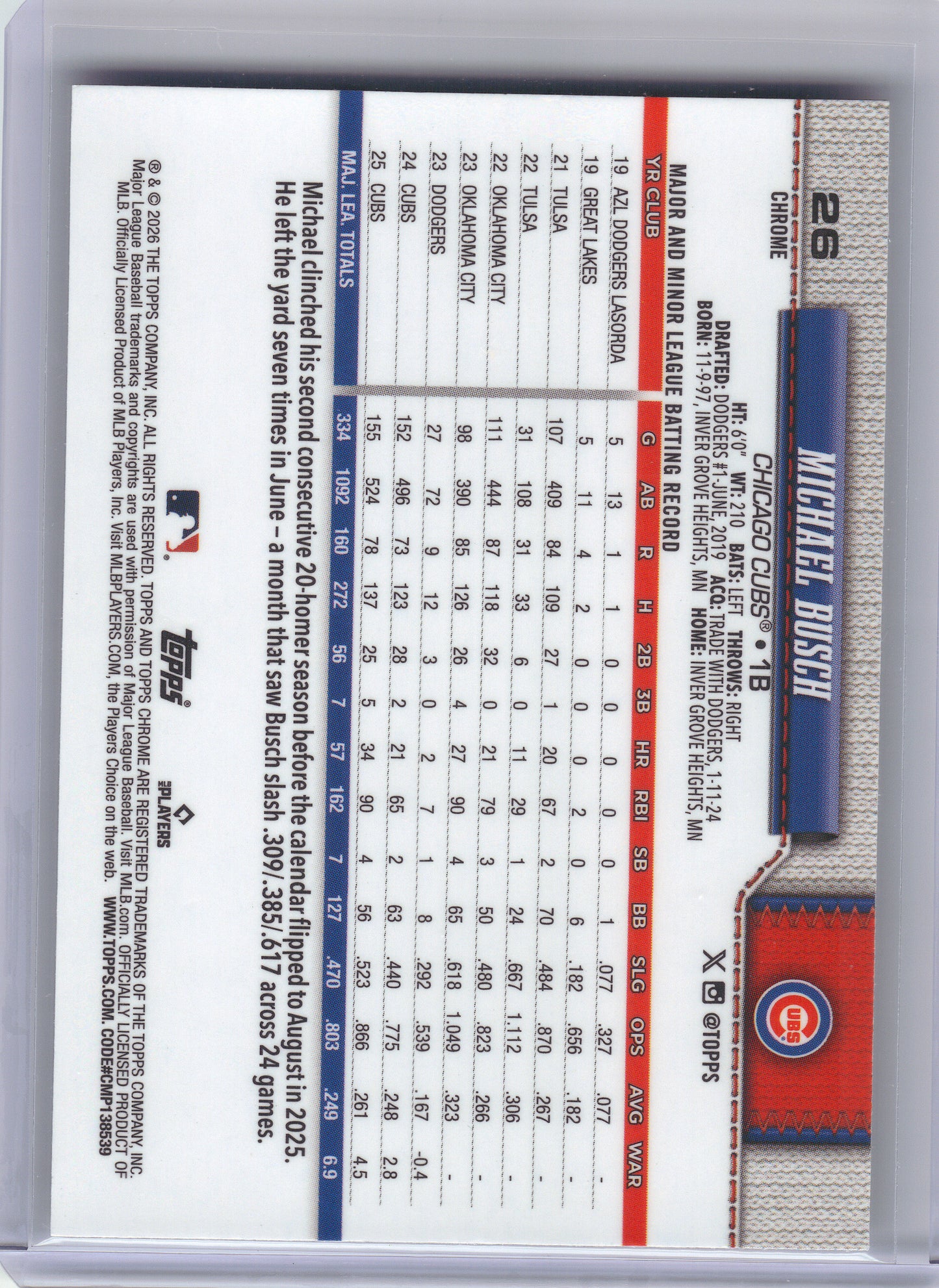 2026 Topps Chrome #26 Michael Busch X-Fractors Chicago Cubs