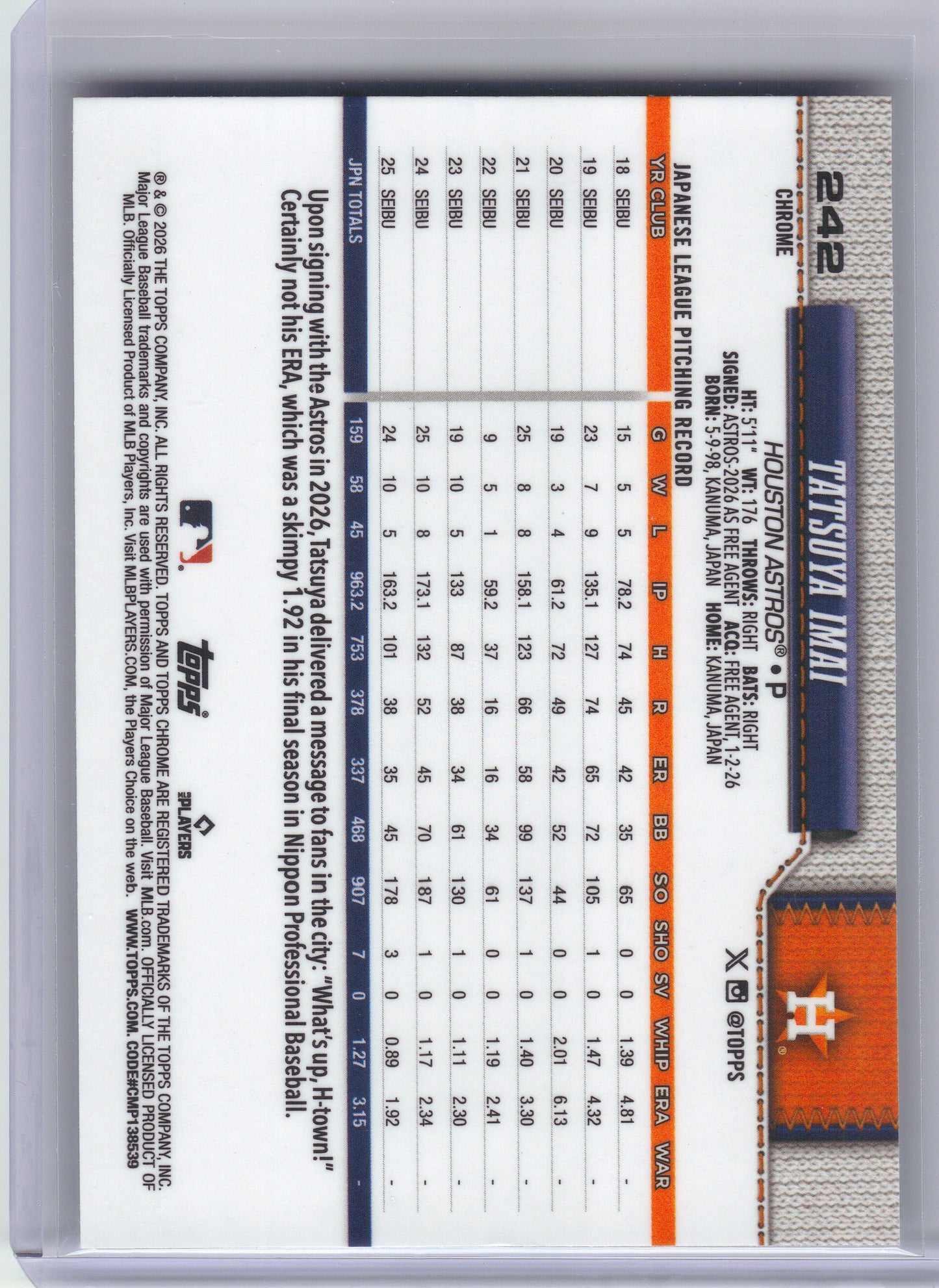 2026 Topps Chrome #242 Tatsuya Imai Houston Astros RC