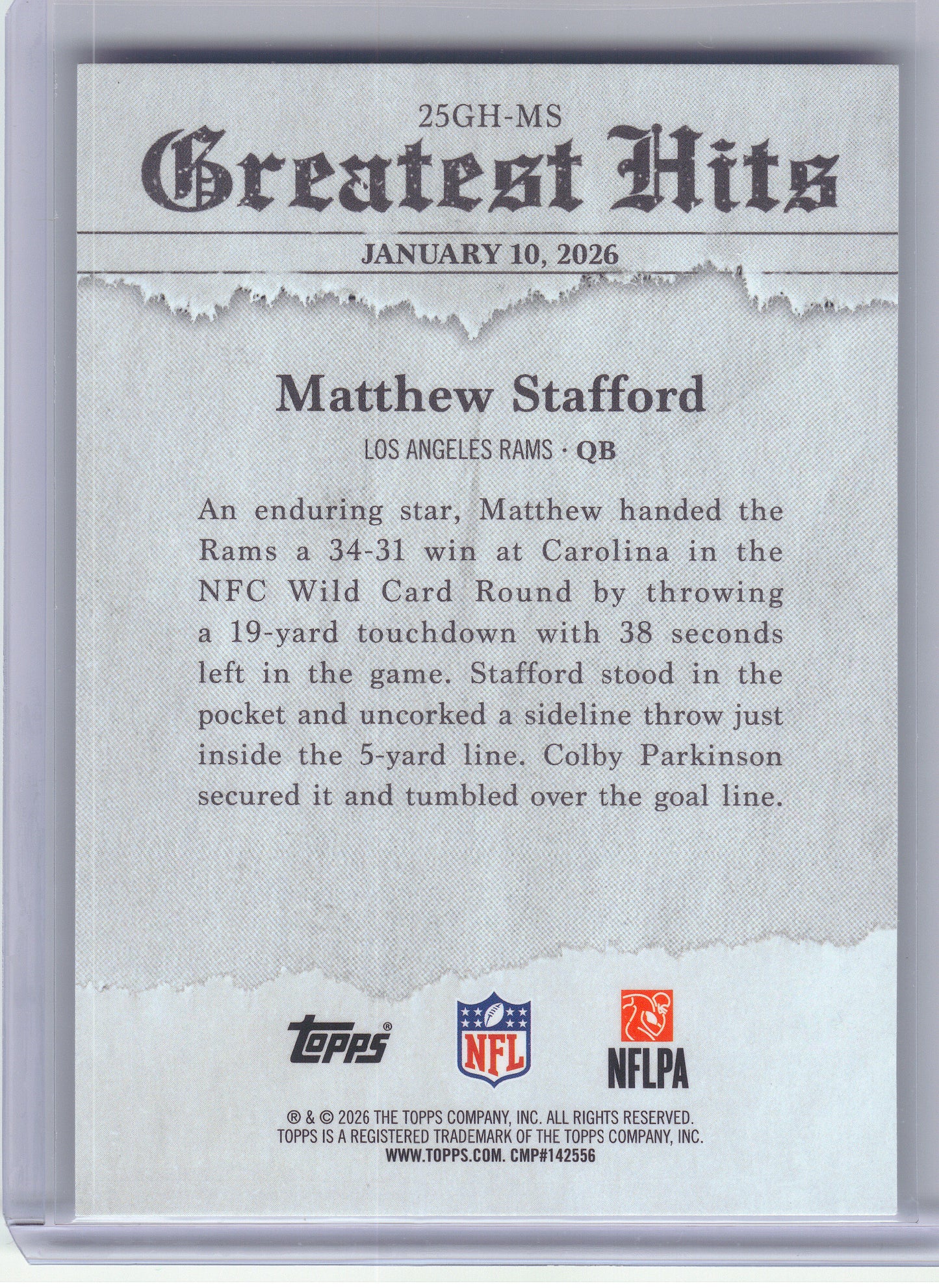2026 Topps Flagship #25GH-MS Matthew Stafford 2025 Greatest Hits Los Angeles Rams