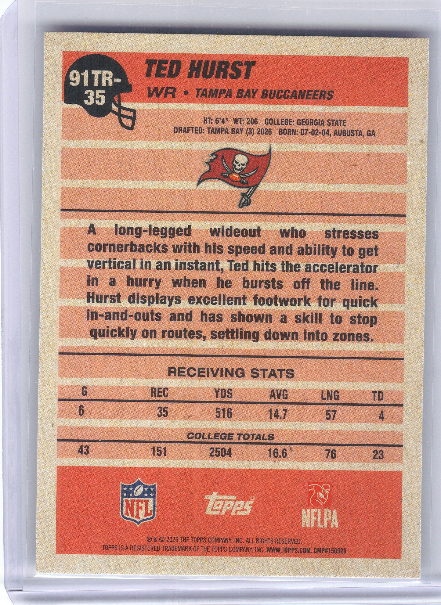 2026 Topps Flagship #91TR-35 Ted Hurst 1991 Topps Flagship Football Rookies Tampa Bay Buccaneers