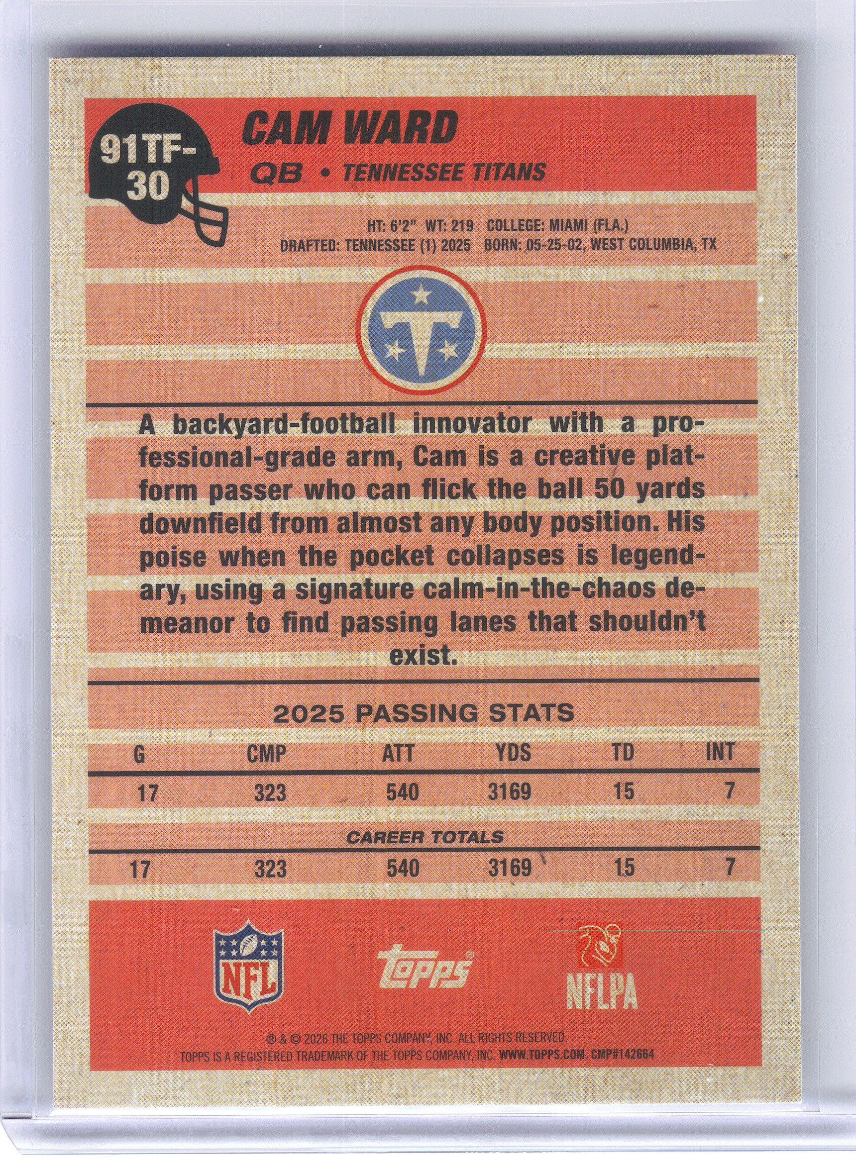 2026 Topps Flagship #91TF-30 Cam Ward 1991 Topps Flagship Football Tennessee Titans