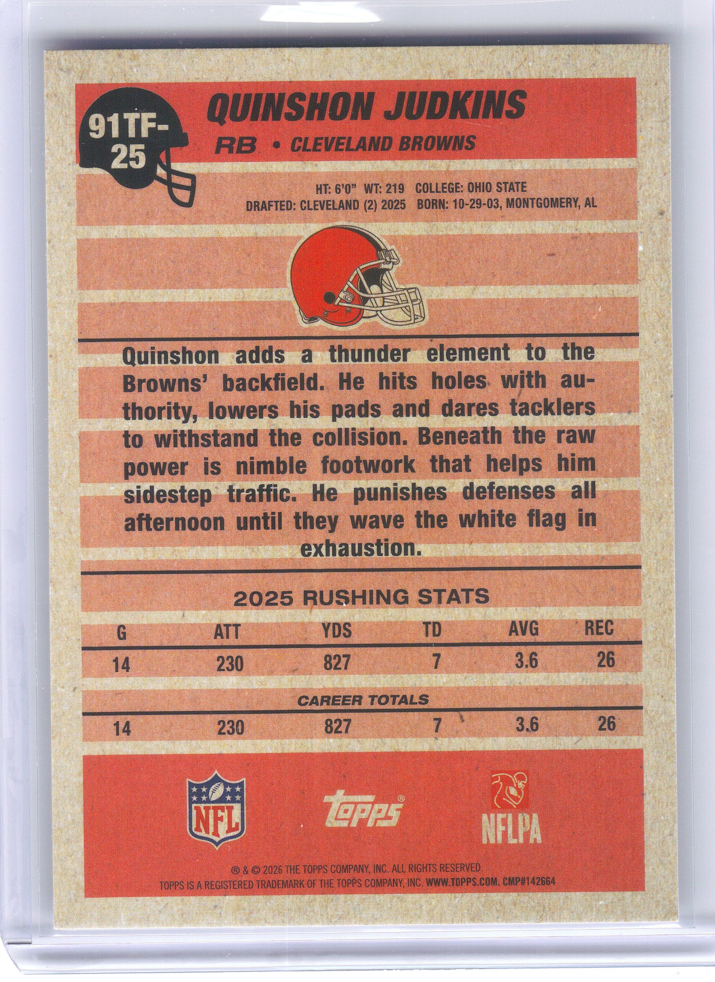 2026 Topps Flagship #91TF-25 Quinshon Judkins 1991 Topps Flagship Football Cleveland Browns
