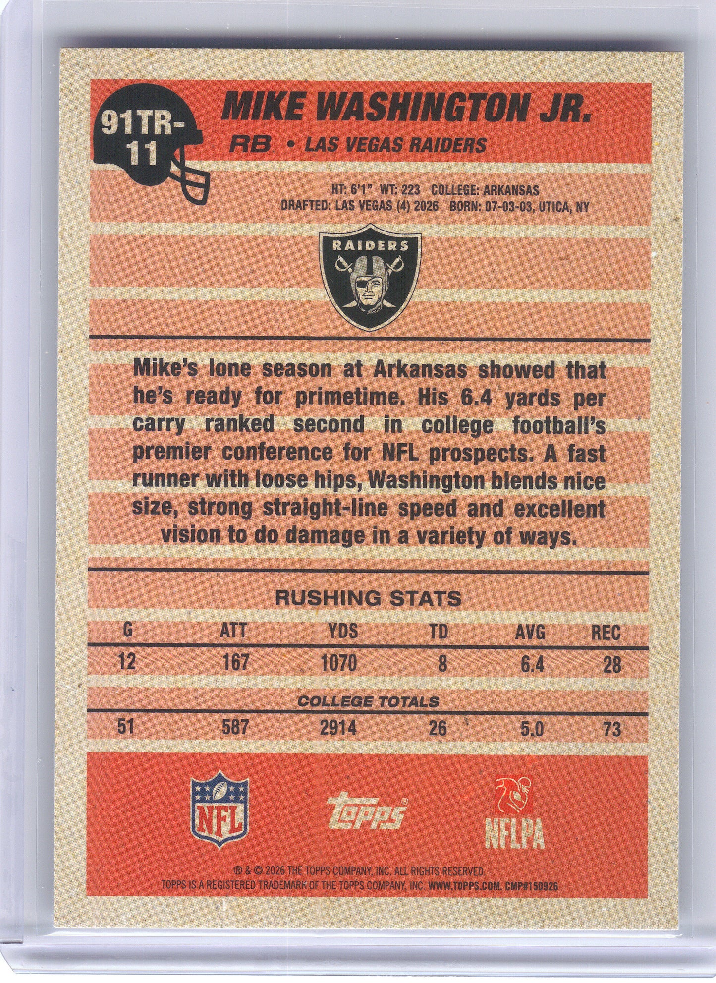 2026 Topps Flagship #91TR-11 Mike Washington Jr. 1991 Topps Flagship Football Rookies Las Vegas Raiders