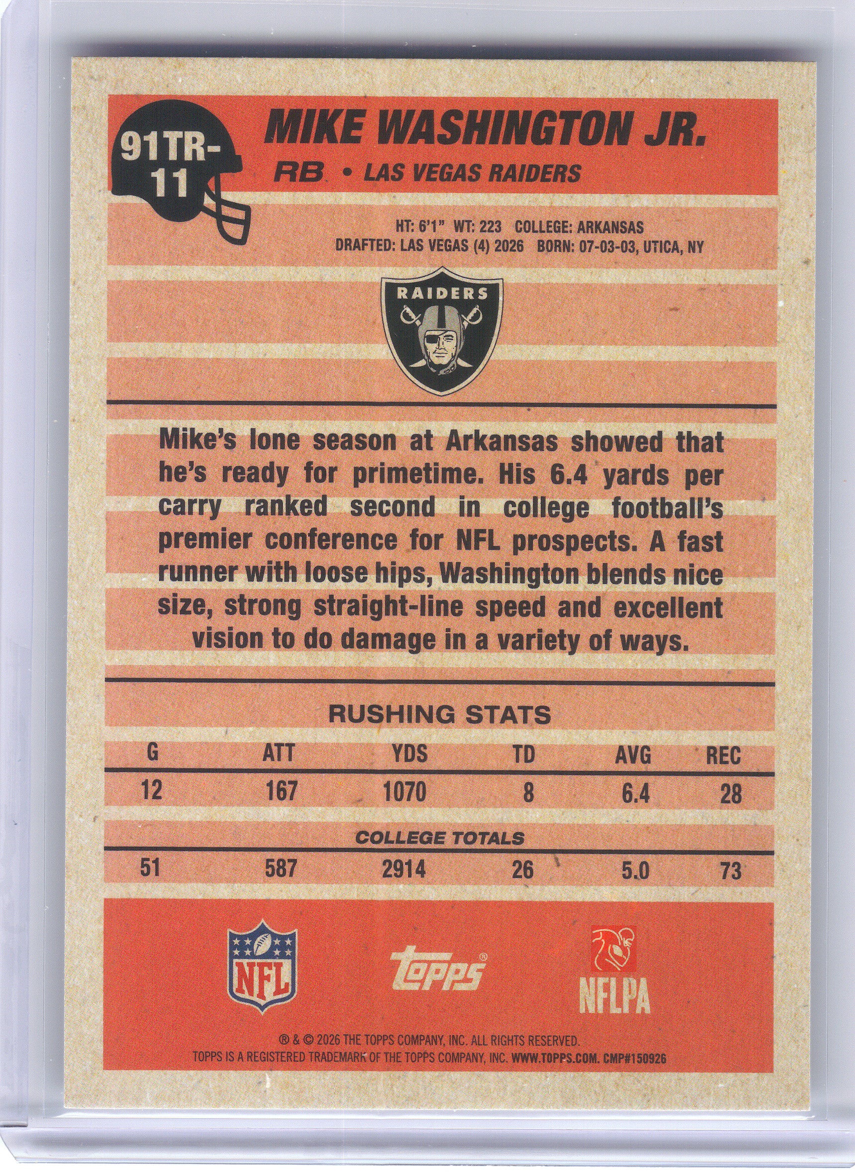 2026 Topps Flagship #91TR-11 Mike Washington Jr. 1991 Topps Flagship Football Rookies Las Vegas Raiders