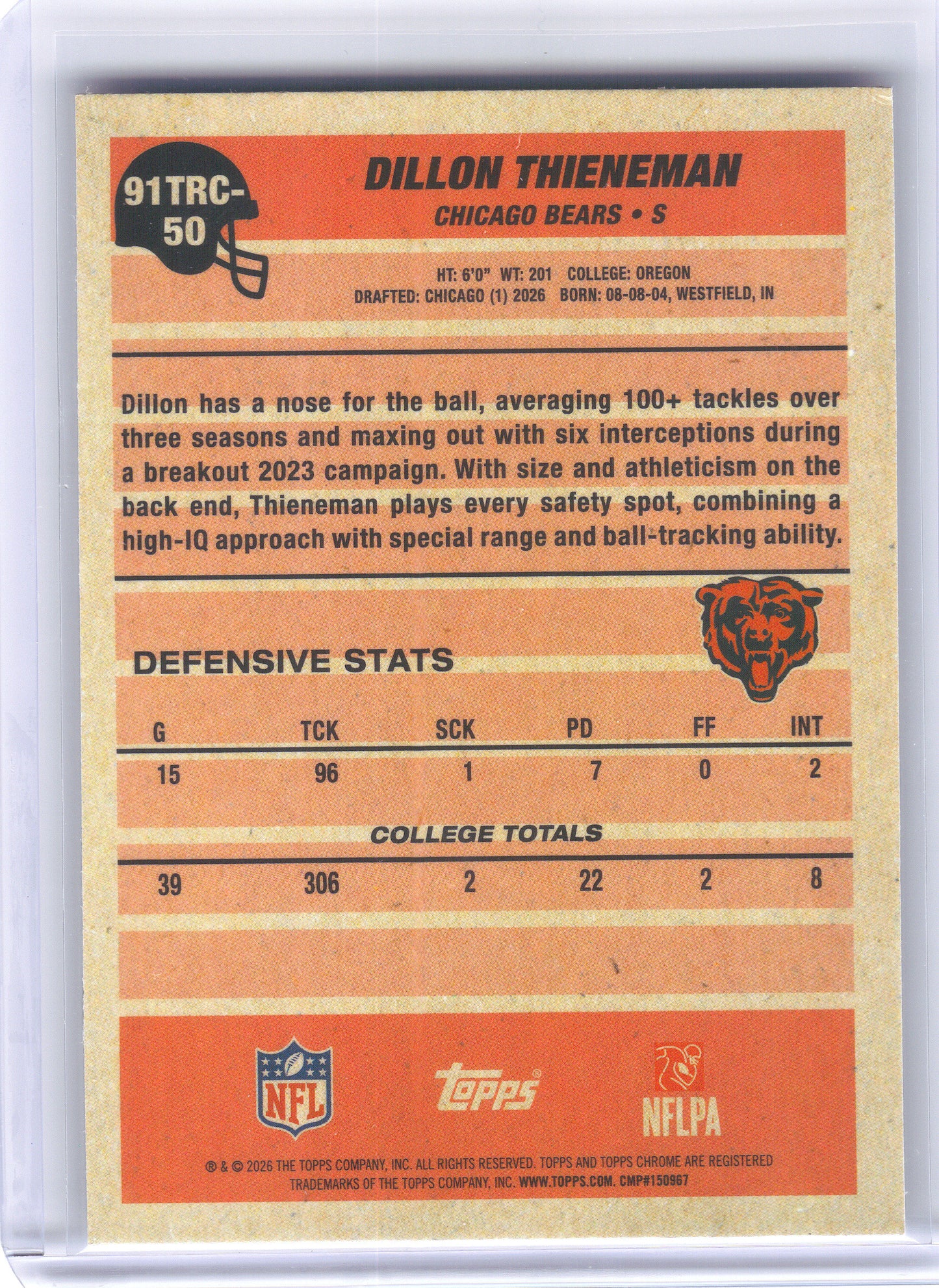 2026 Topps Flagship #91TRC-50 Dillon Thieneman 1991 Topps Flagship Football Rookies Chrome Mojo Chrome Chicago Bears