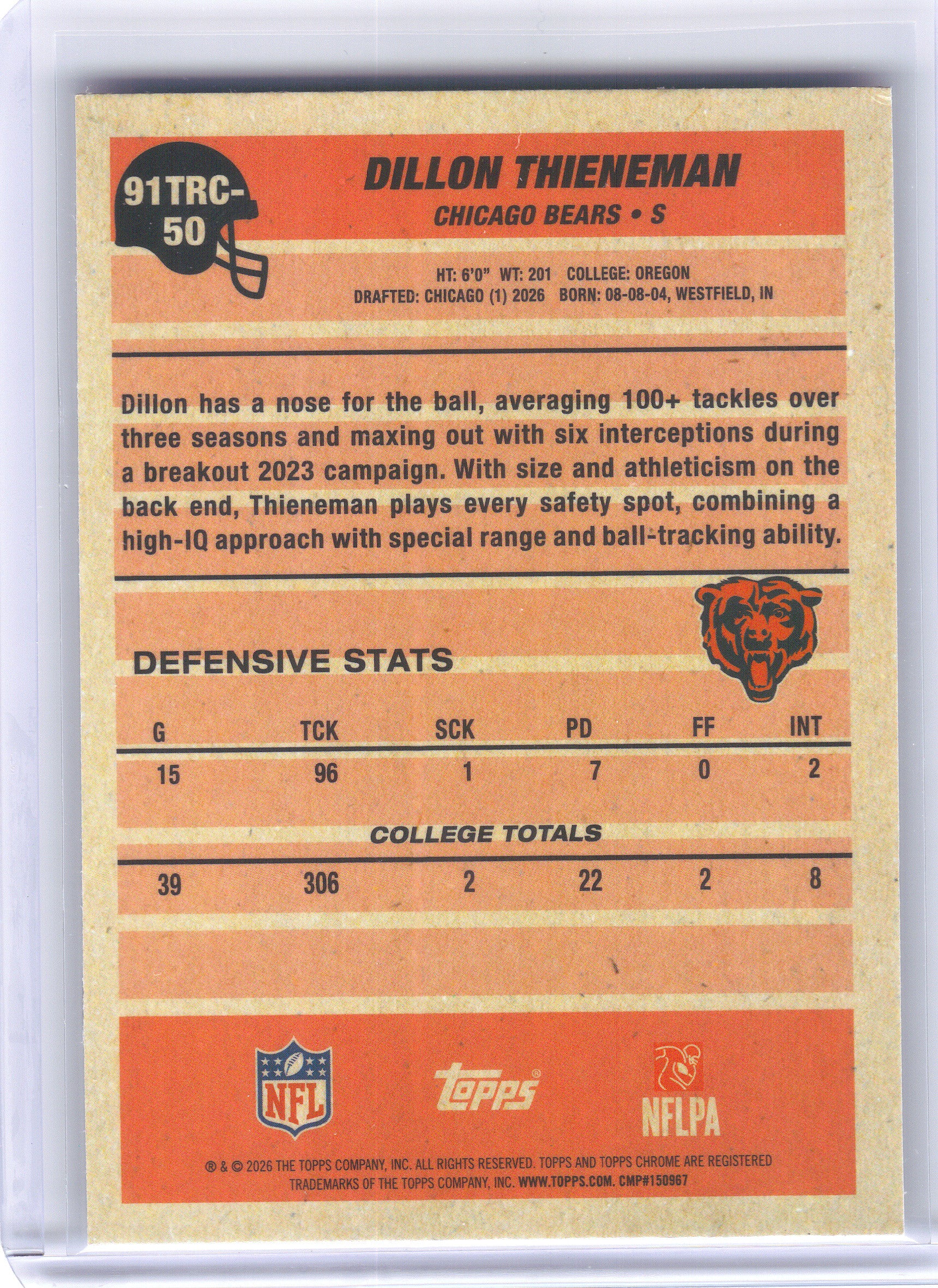 2026 Topps Flagship #91TRC-50 Dillon Thieneman 1991 Topps Flagship Football Rookies Chrome Mojo Chrome Chicago Bears