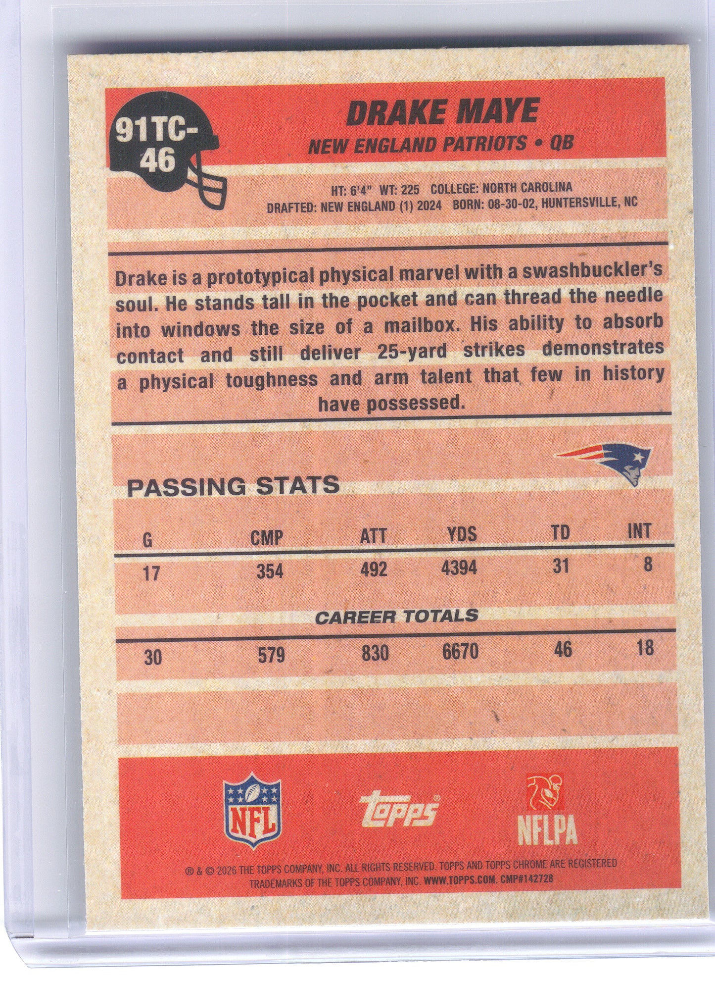 2026 Topps Flagship #91TC-46 Drake Maye 1991 Topps Flagship Football Chrome Mojo Chrome New England Patriots