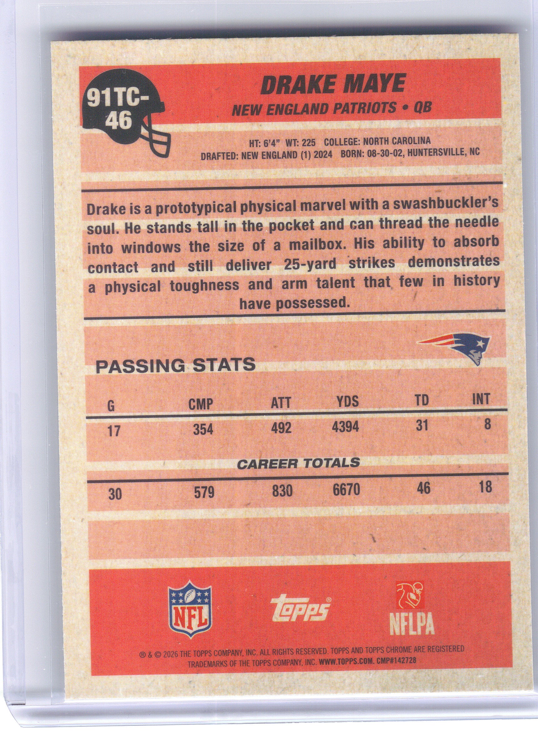 2026 Topps Flagship #91TC-46 Drake Maye 1991 Topps Flagship Football Chrome Mojo Chrome New England Patriots