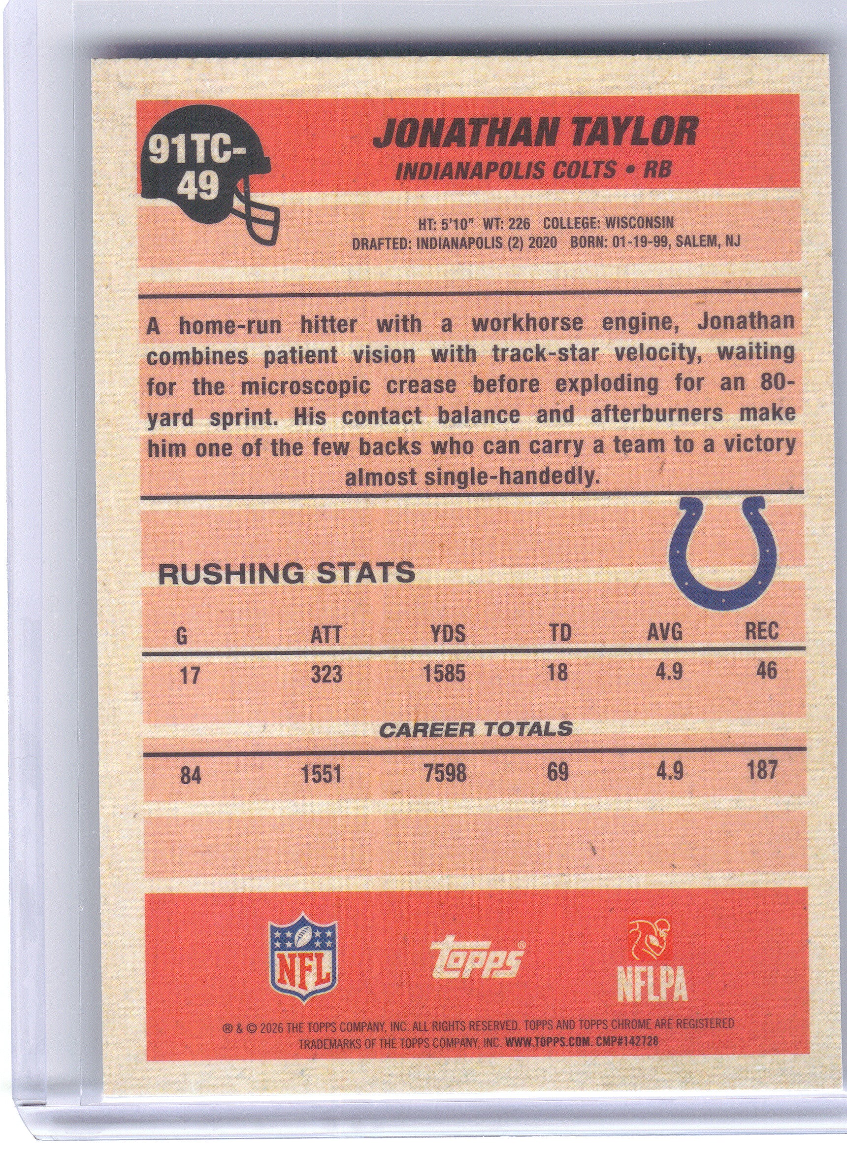 2026 Topps Flagship #91TC-49 Jonathan Taylor 1991 Topps Flagship Football Chrome Mojo Chrome Indianapolis Colts