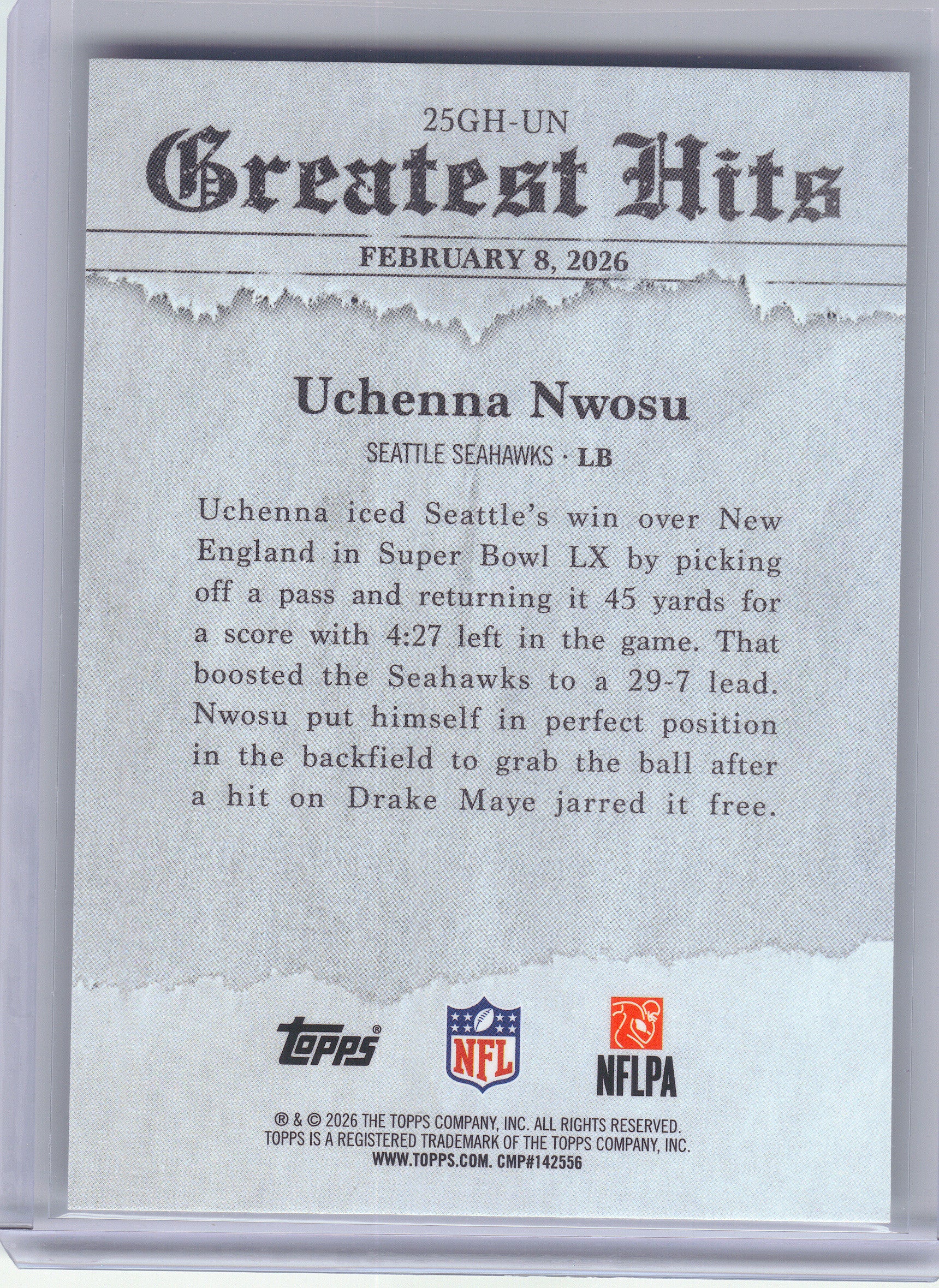 2026 Topps Flagship #25GH-UN Uchenna Nwosu 2025 Greatest Hits Seattle Seahawks