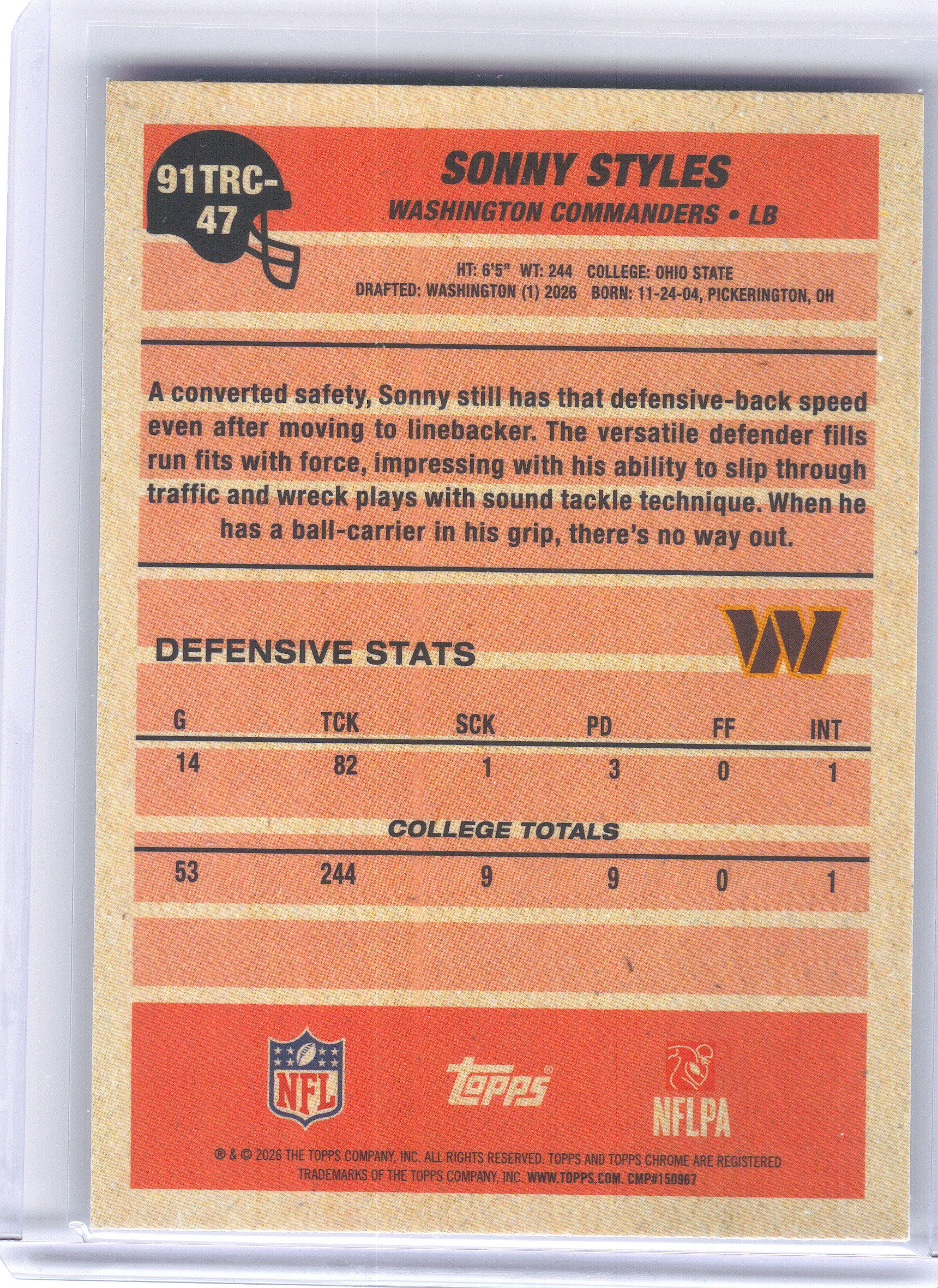 2026 Topps Flagship #91TRC-47 Sonny Styles 1991 Topps Flagship Football Rookies Chrome Mojo Chrome Washington Commanders