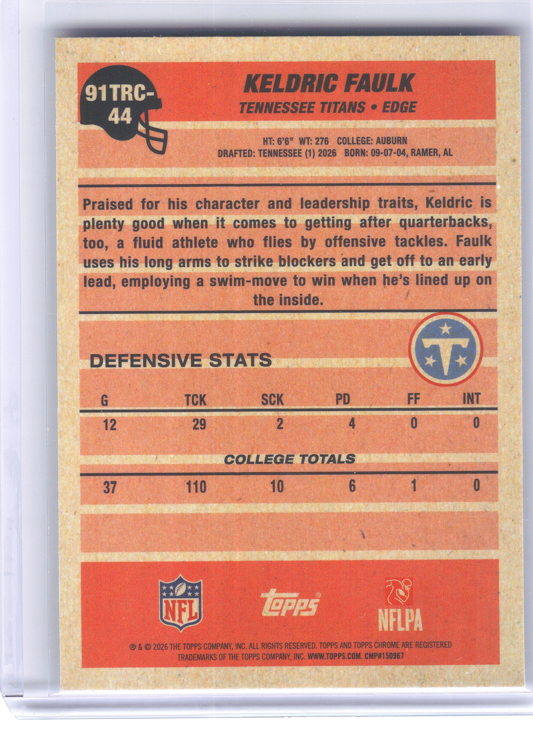 2026 Topps Flagship #91TRC-44 Keldric Faulk 1991 Topps Flagship Football Rookies Chrome Mojo Chrome Tennessee Titans