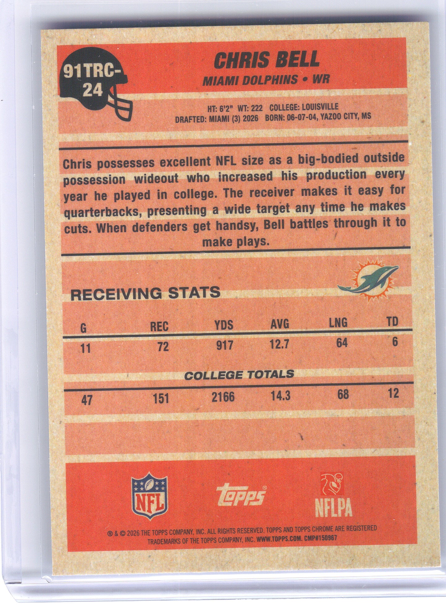 2026 Topps Flagship #91TRC-24 Chris Bell 1991 Topps Flagship Football Rookies Chrome Mojo Chrome Blue /1 Miami Dolphins