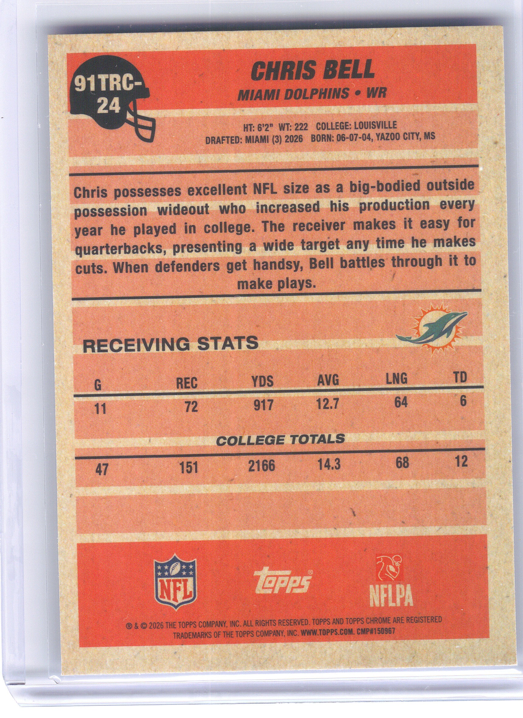 2026 Topps Flagship #91TRC-24 Chris Bell 1991 Topps Flagship Football Rookies Chrome Mojo Chrome Blue /1 Miami Dolphins