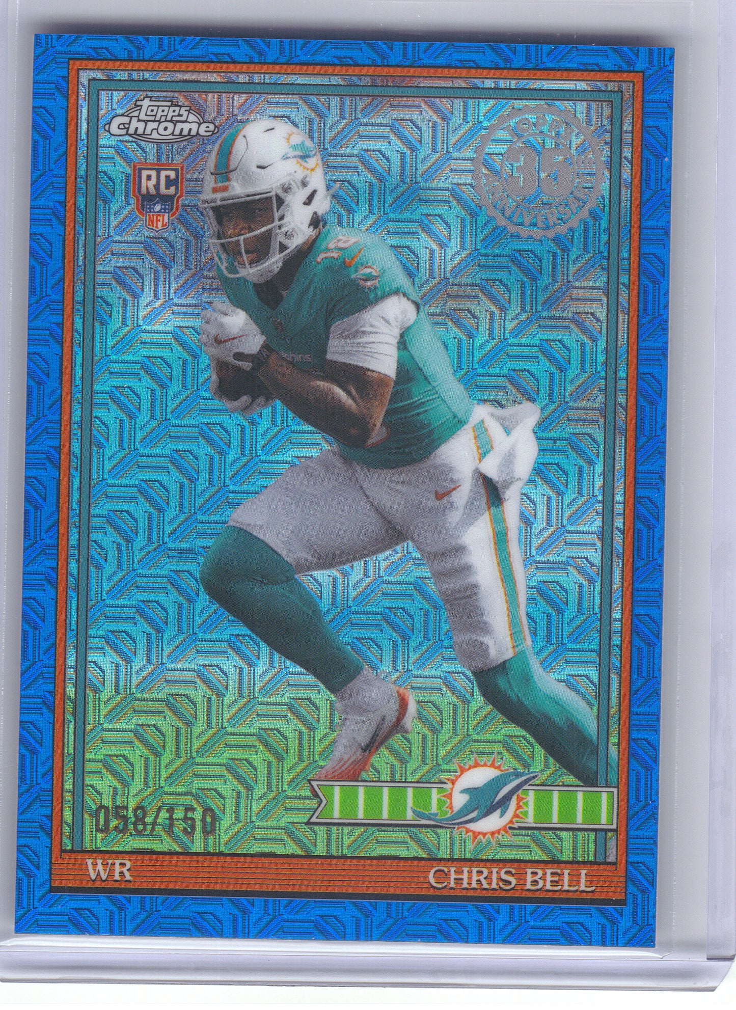 2026 Topps Flagship #91TRC-24 Chris Bell 1991 Topps Flagship Football Rookies Chrome Mojo Chrome Blue /1 Miami Dolphins