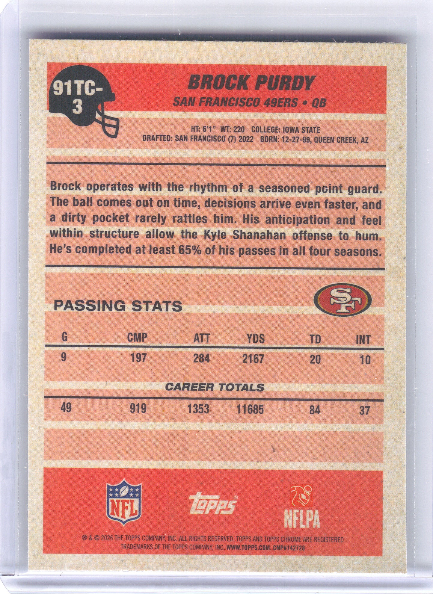 2026 Topps Flagship #91TC-3 Brock Purdy 1991 Topps Flagship Football Chrome Mojo Chrome San Francisco 49ers