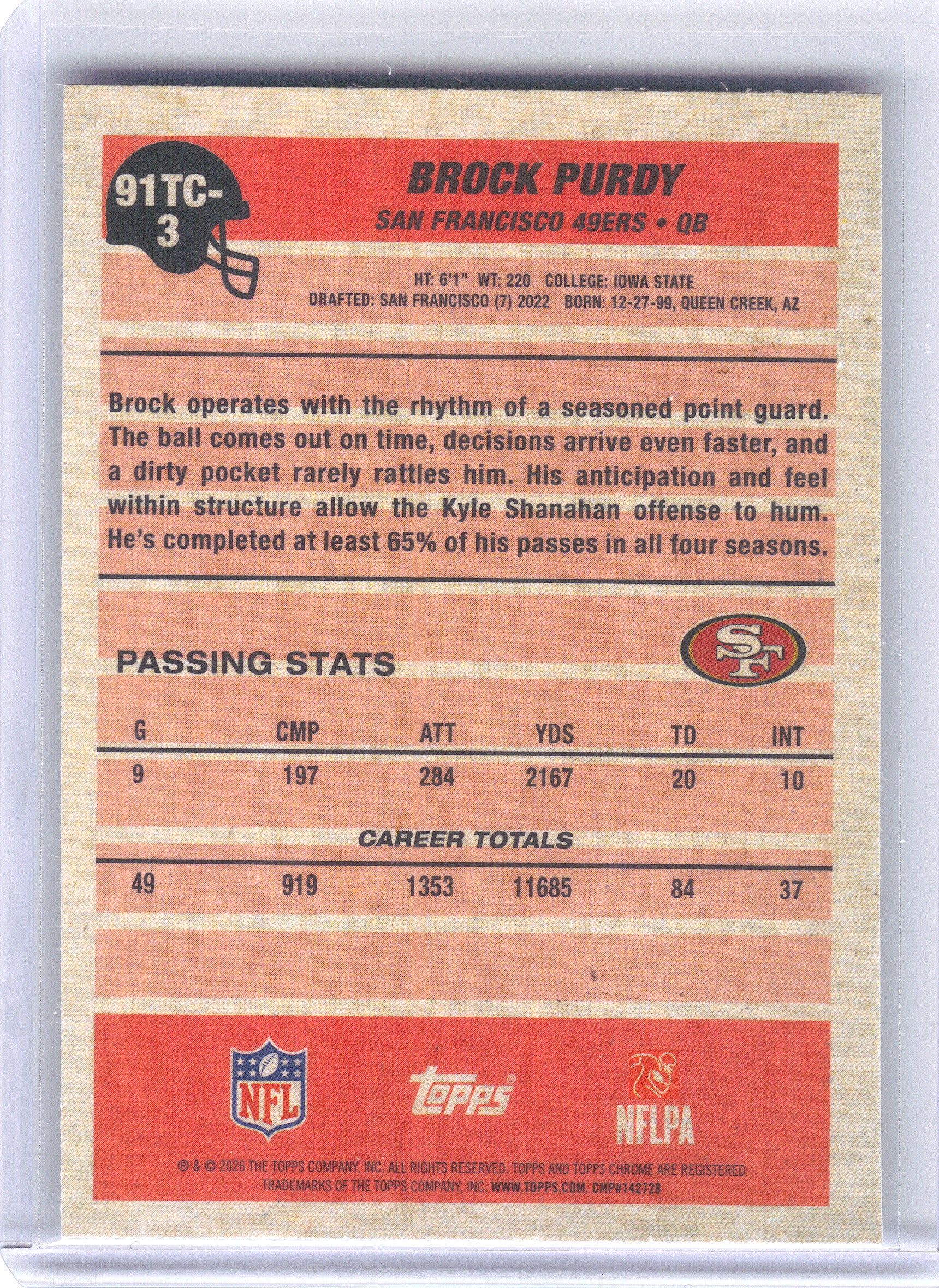 2026 Topps Flagship #91TC-3 Brock Purdy 1991 Topps Flagship Football Chrome Mojo Chrome San Francisco 49ers