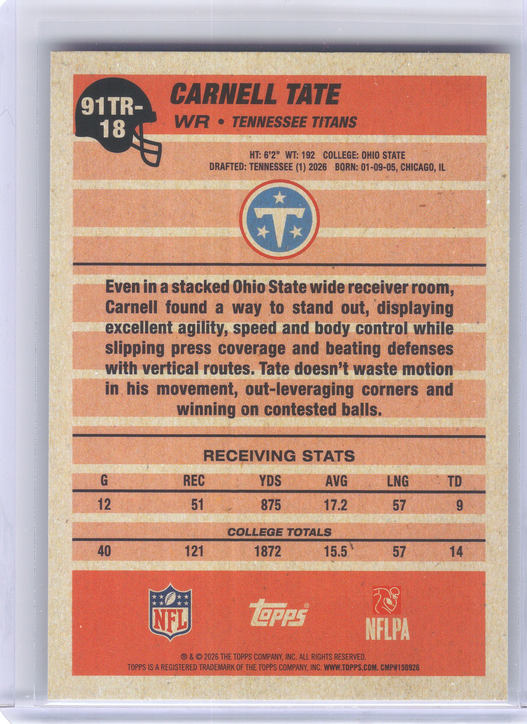 2026 Topps Flagship #91TR-18 Carnell Tate 1991 Topps Flagship Football Rookies Tennessee Titans