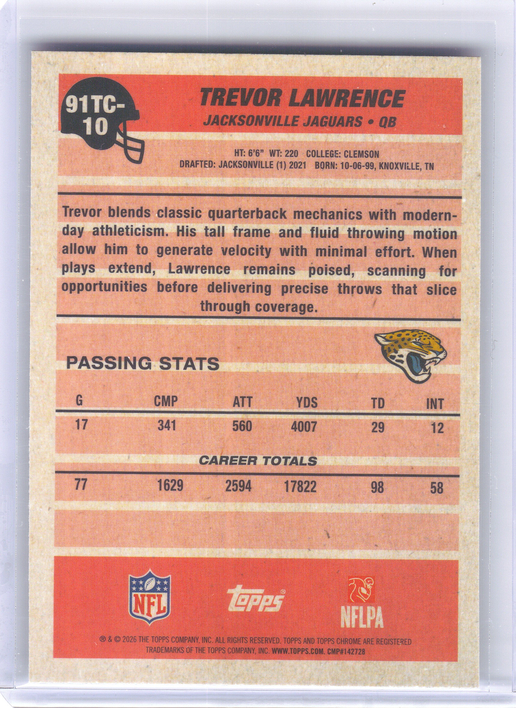 2026 Topps Flagship #91TC-10 Trevor Lawrence 1991 Topps Flagship Football Chrome Mojo Chrome Jacksonville Jaguars