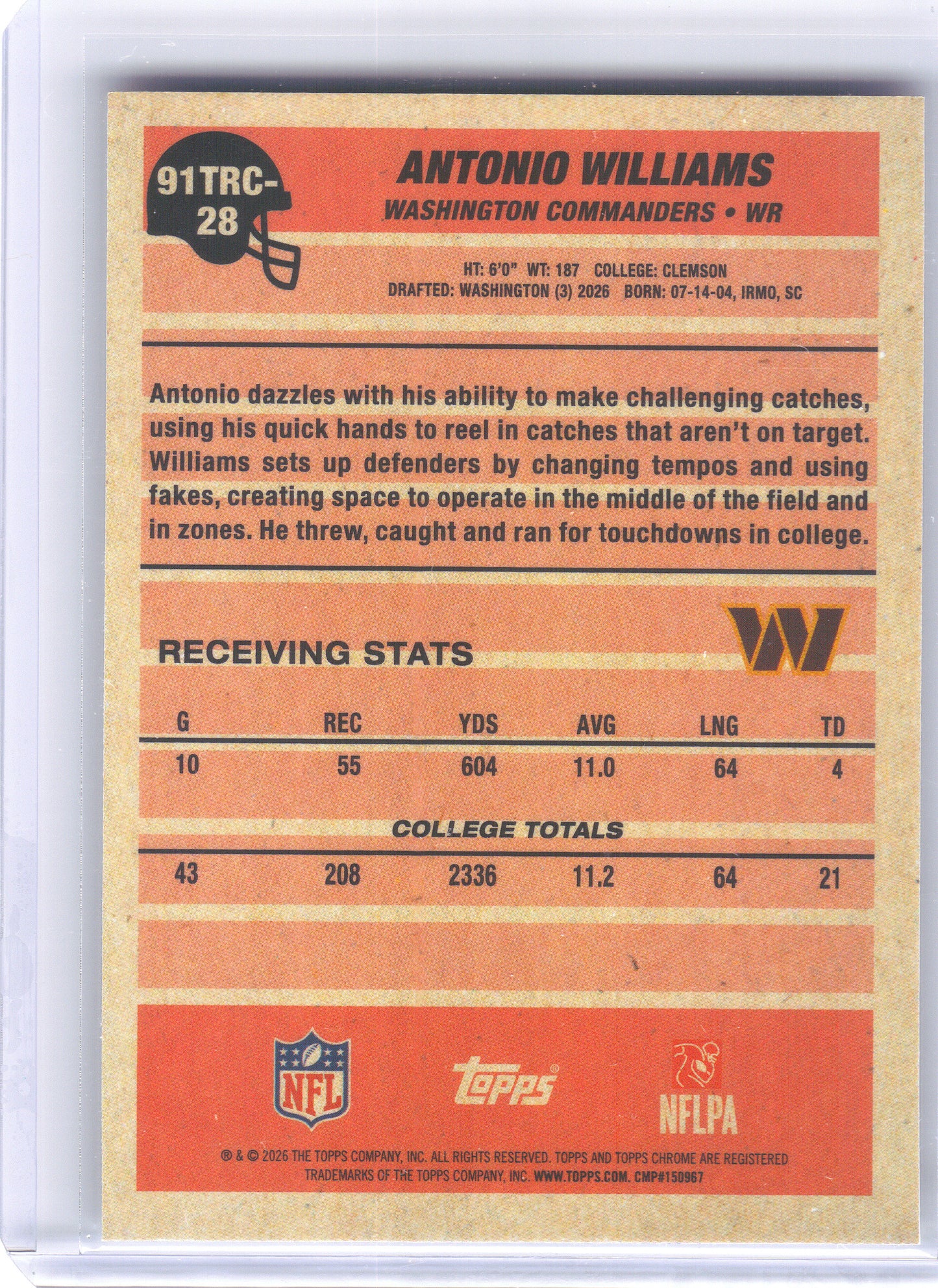 2026 Topps Flagship #91TRC-28 Antonio Williams 1991 Topps Flagship Football Rookies Chrome Mojo Chrome Washington Commanders
